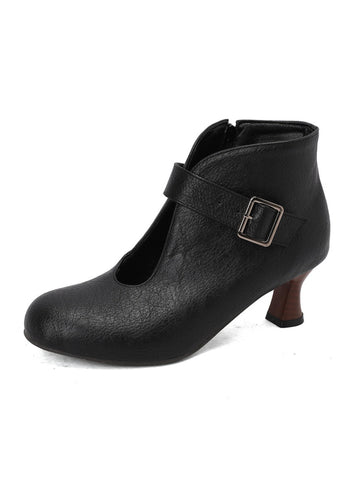 Classic Buckled Strap Black Ankle Boots with Side Zipper