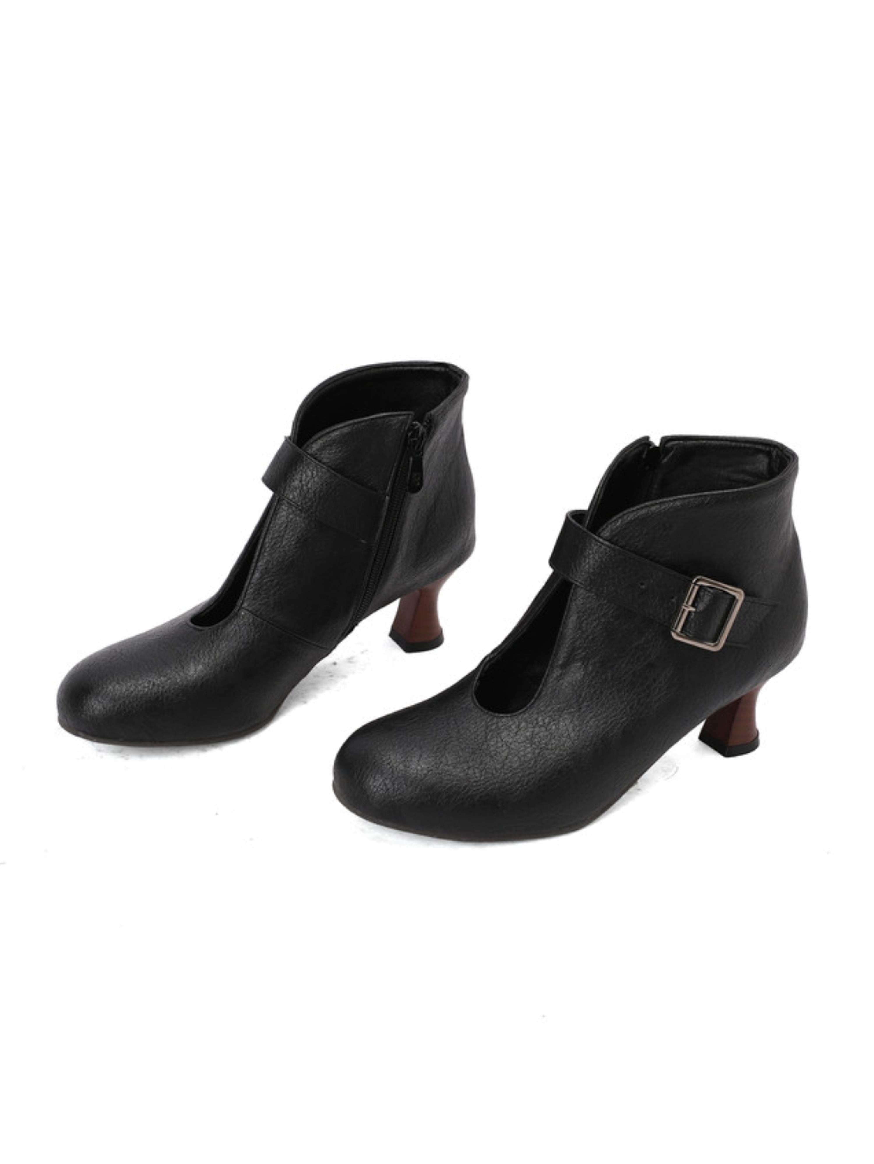 Classic Buckled Strap Black Ankle Boots with Side Zipper
