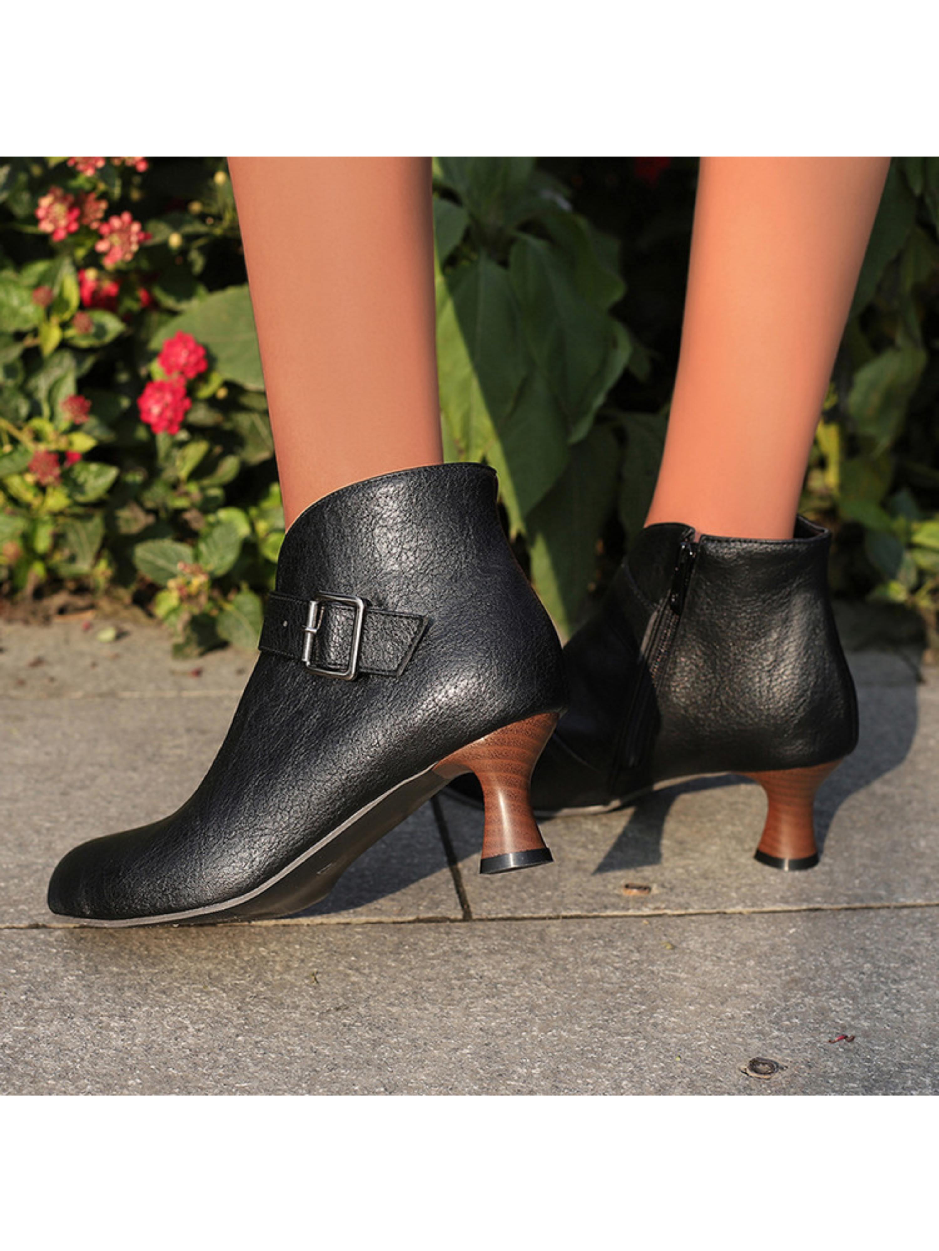 Classic Buckled Strap Black Ankle Boots with Side Zipper