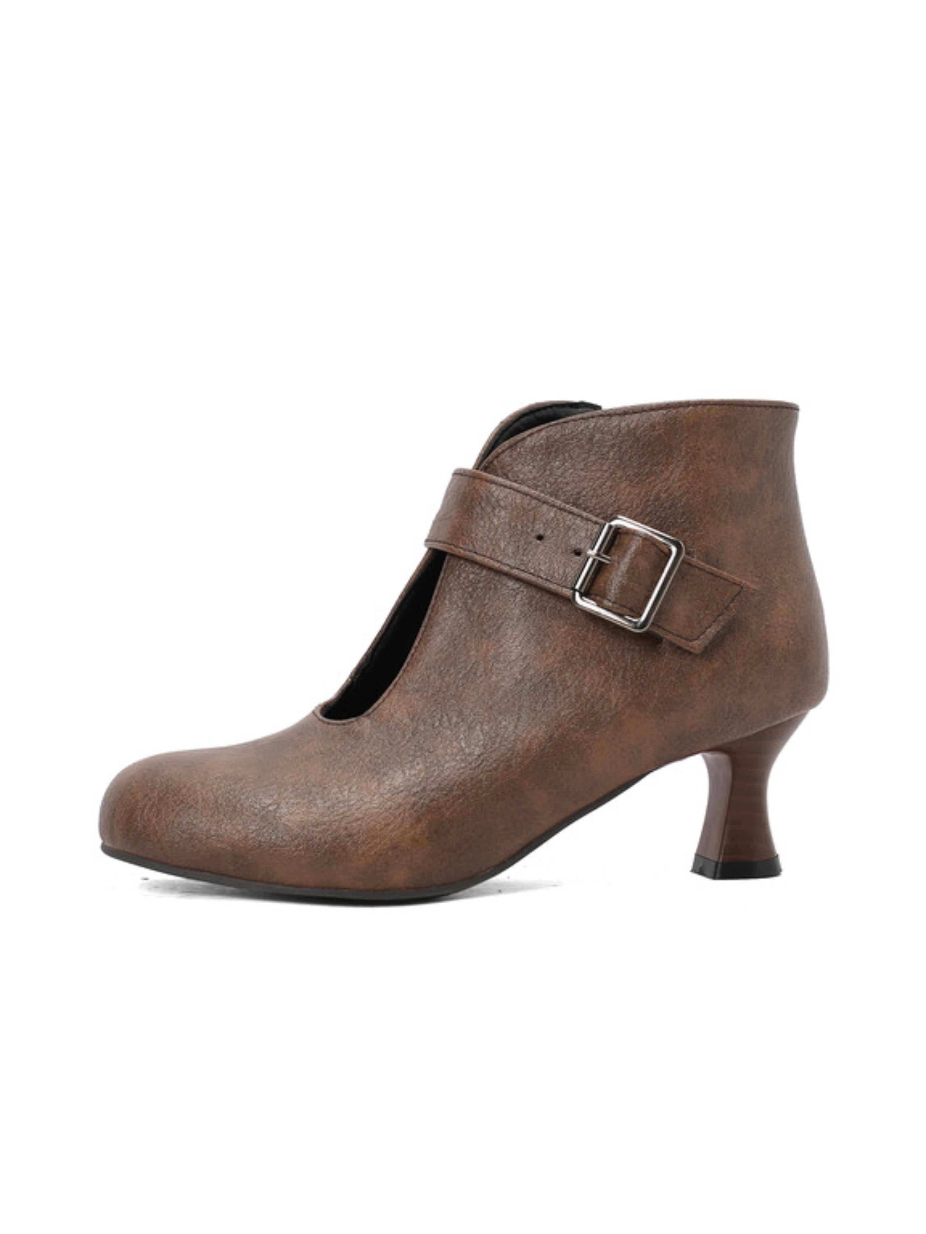 Round Toe Buckled Strap Brown Ankle Boots for Women