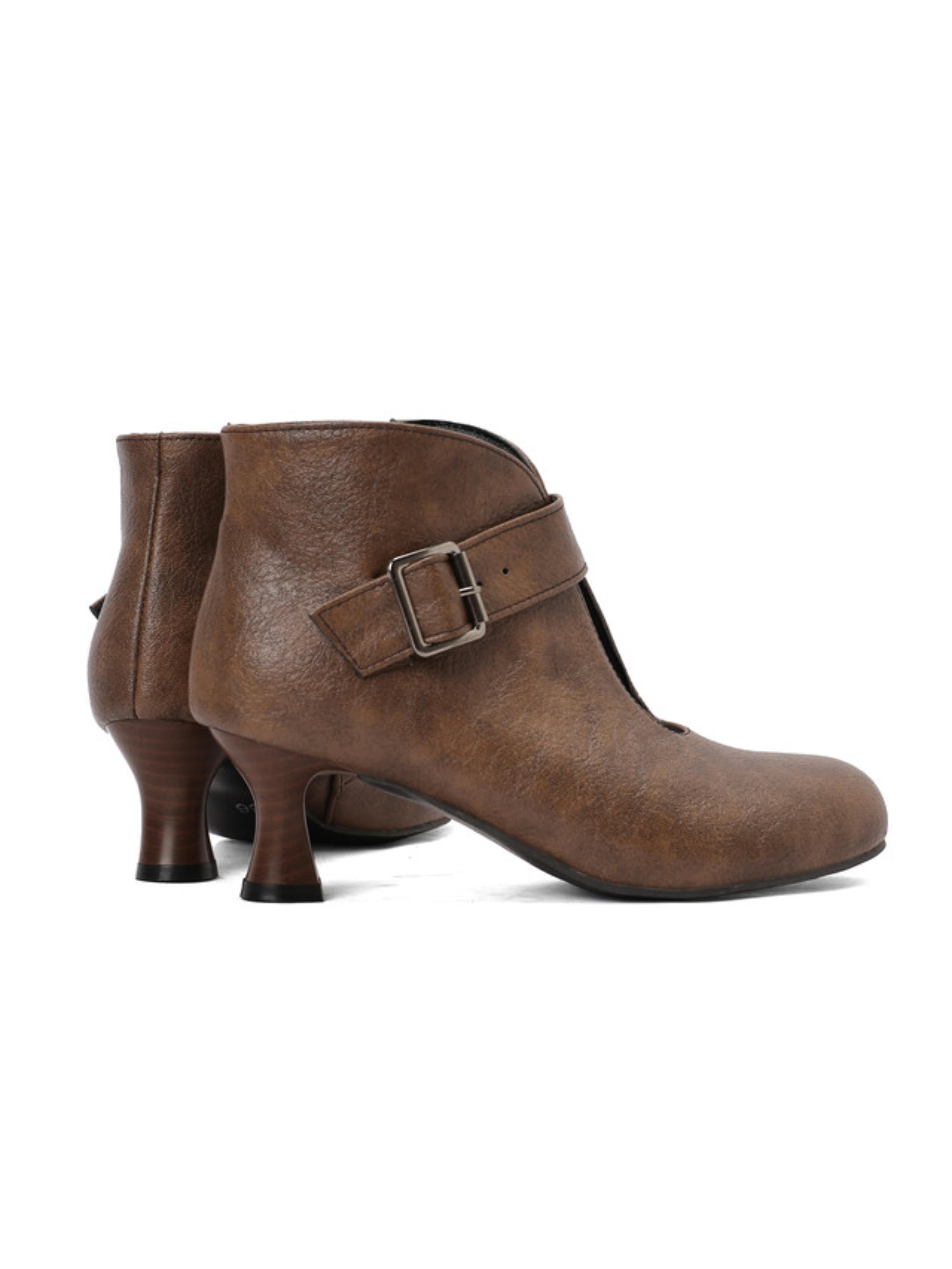 Round Toe Buckled Strap Brown Ankle Boots for Women