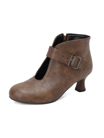 Round Toe Buckled Strap Brown Ankle Boots for Women