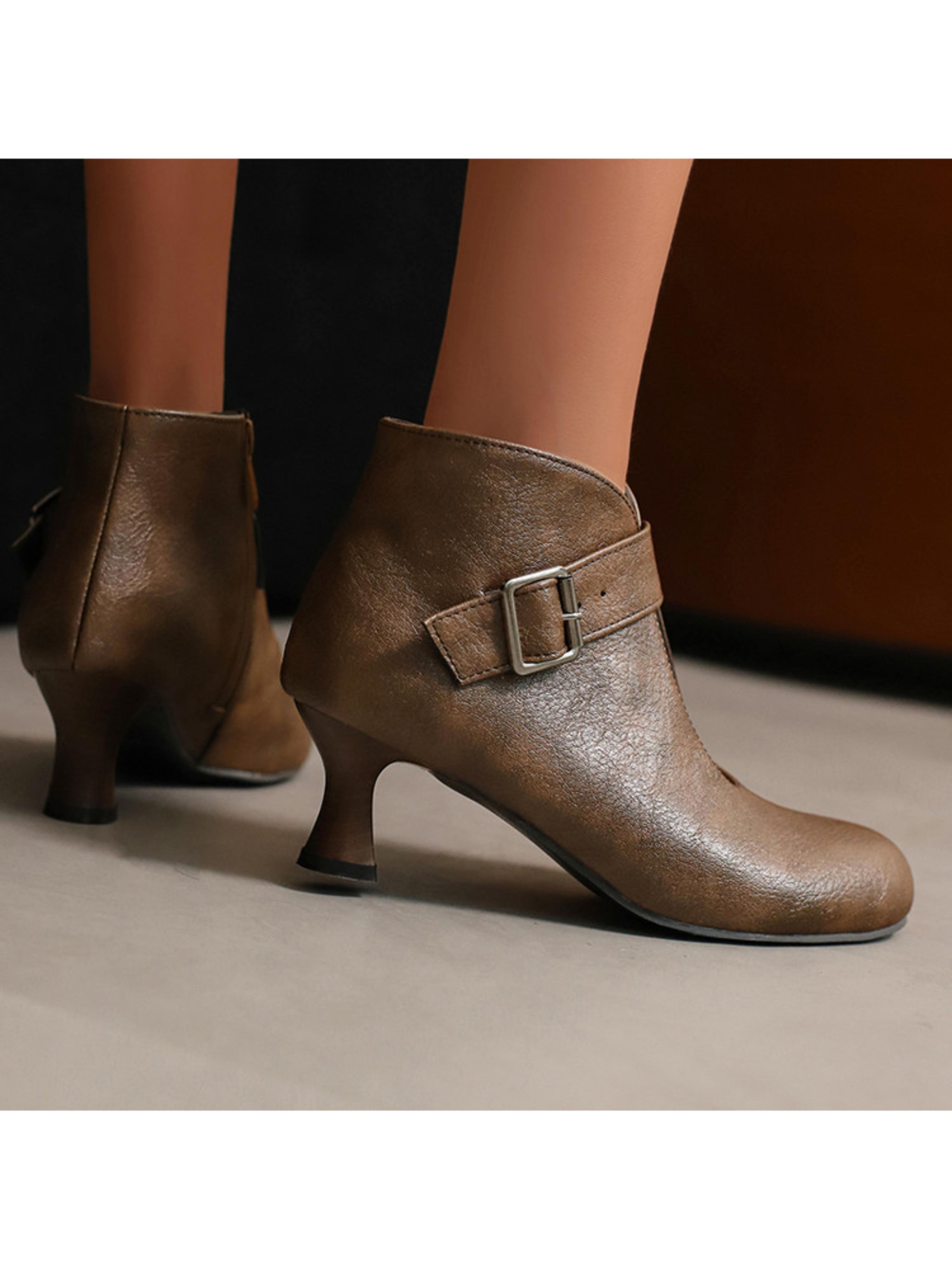 Round Toe Buckled Strap Brown Ankle Boots for Women