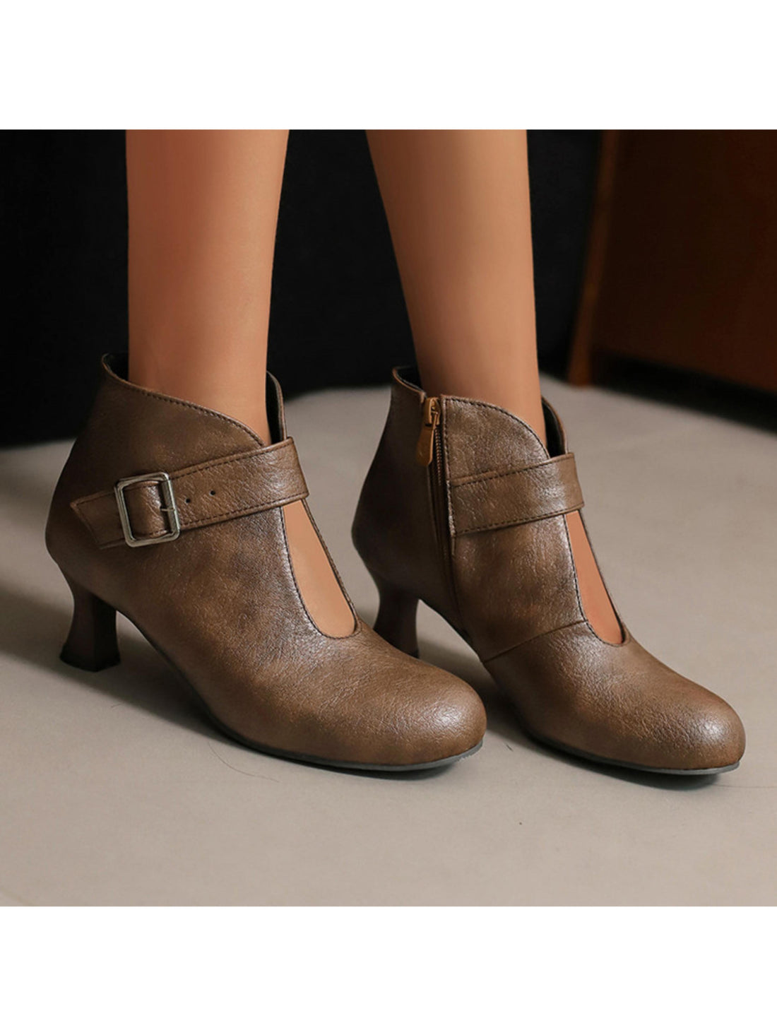Round Toe Buckled Strap Brown Ankle Boots for Women