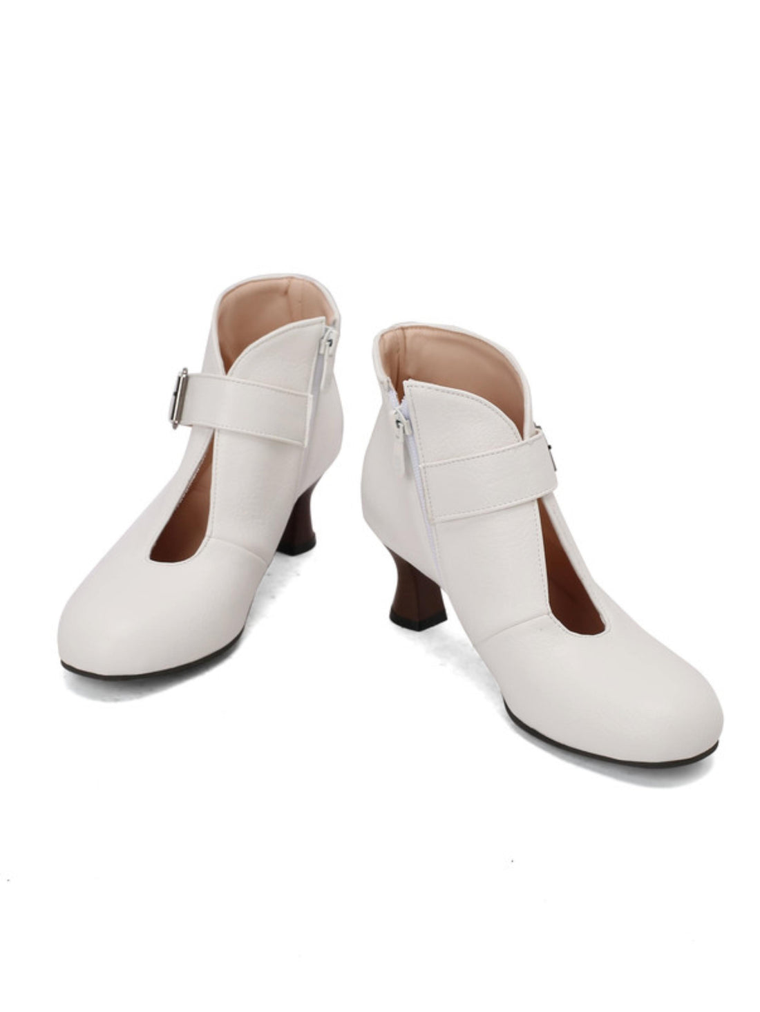 Elegant Cut-Out Strap Side Zipper White Ankle Boots