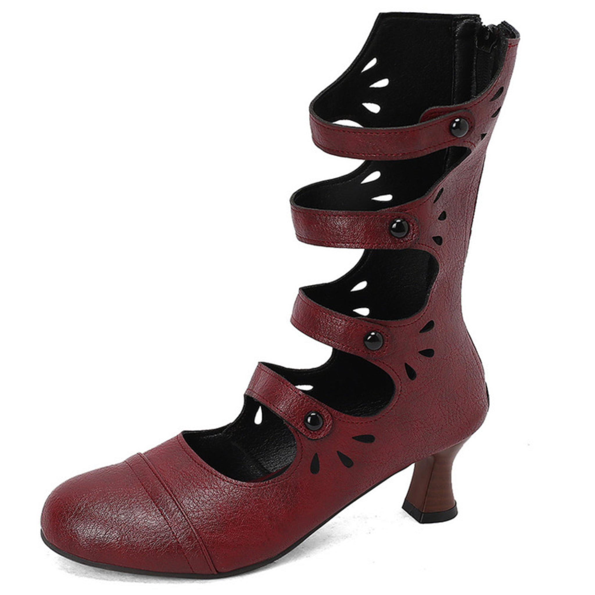 Vintage Burgundy Multi-Strap Women Boots with Buttons