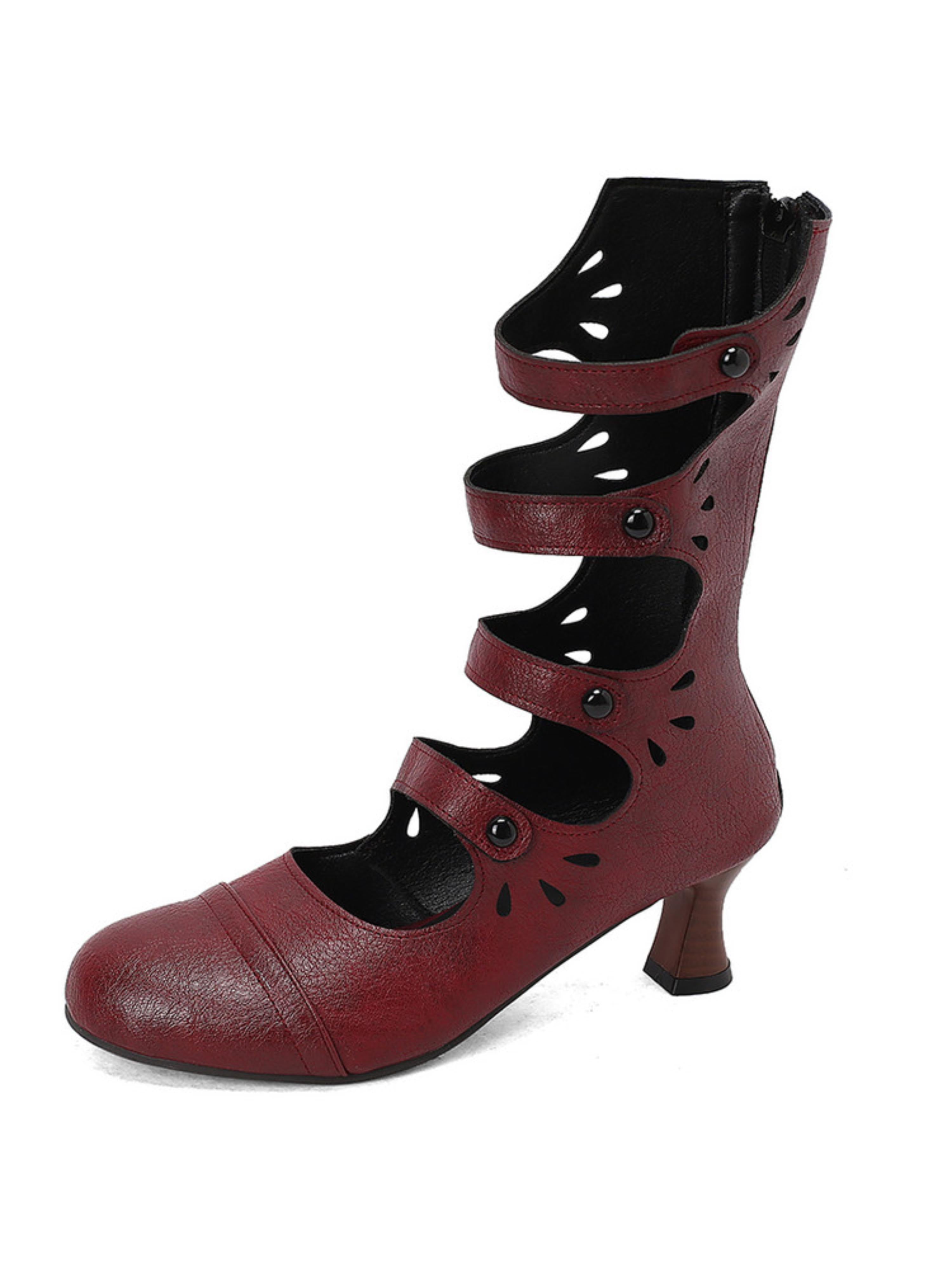 Vintage Burgundy Multi-Strap Women Boots with Buttons