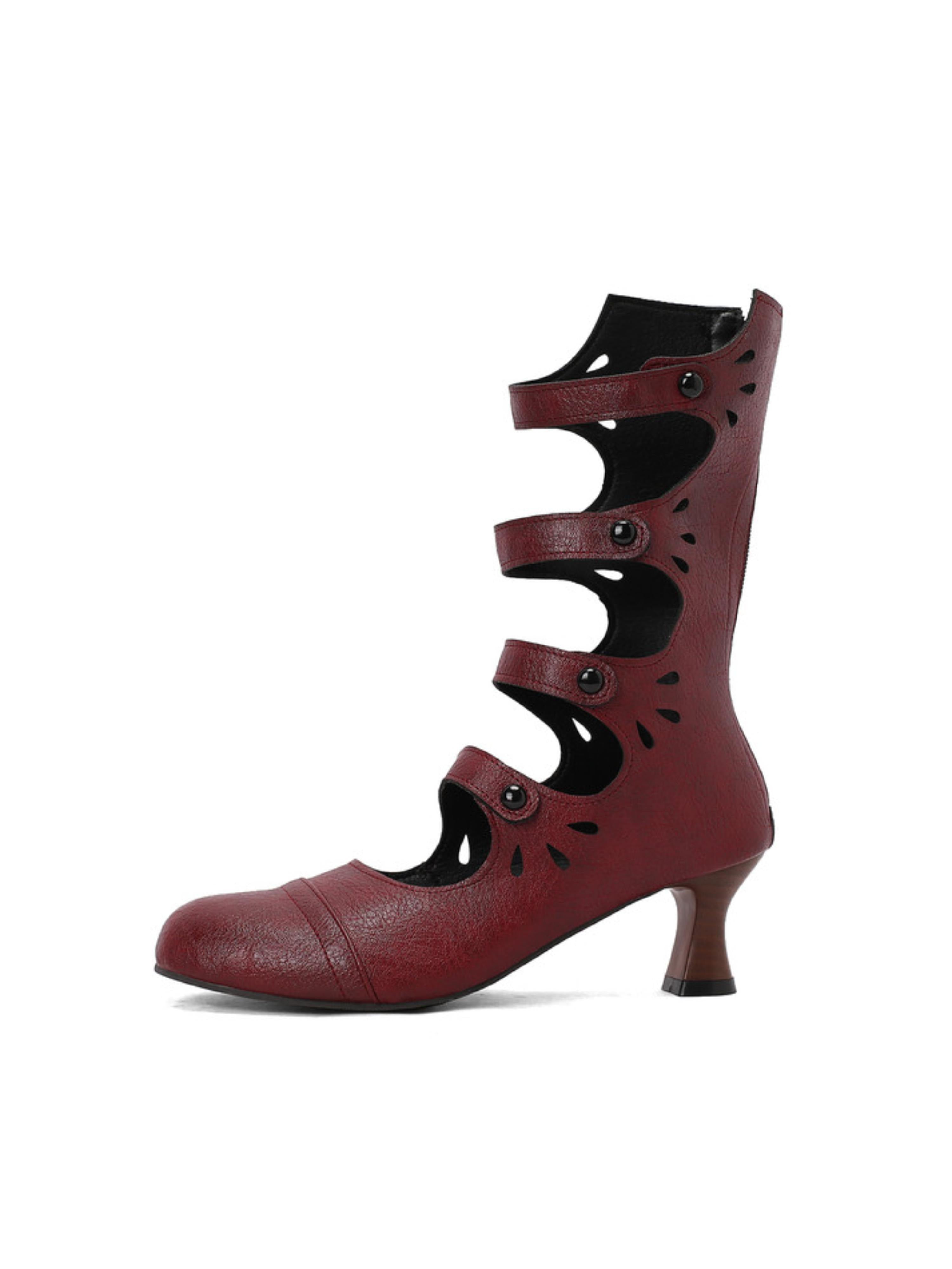Vintage Burgundy Multi-Strap Women Boots with Buttons