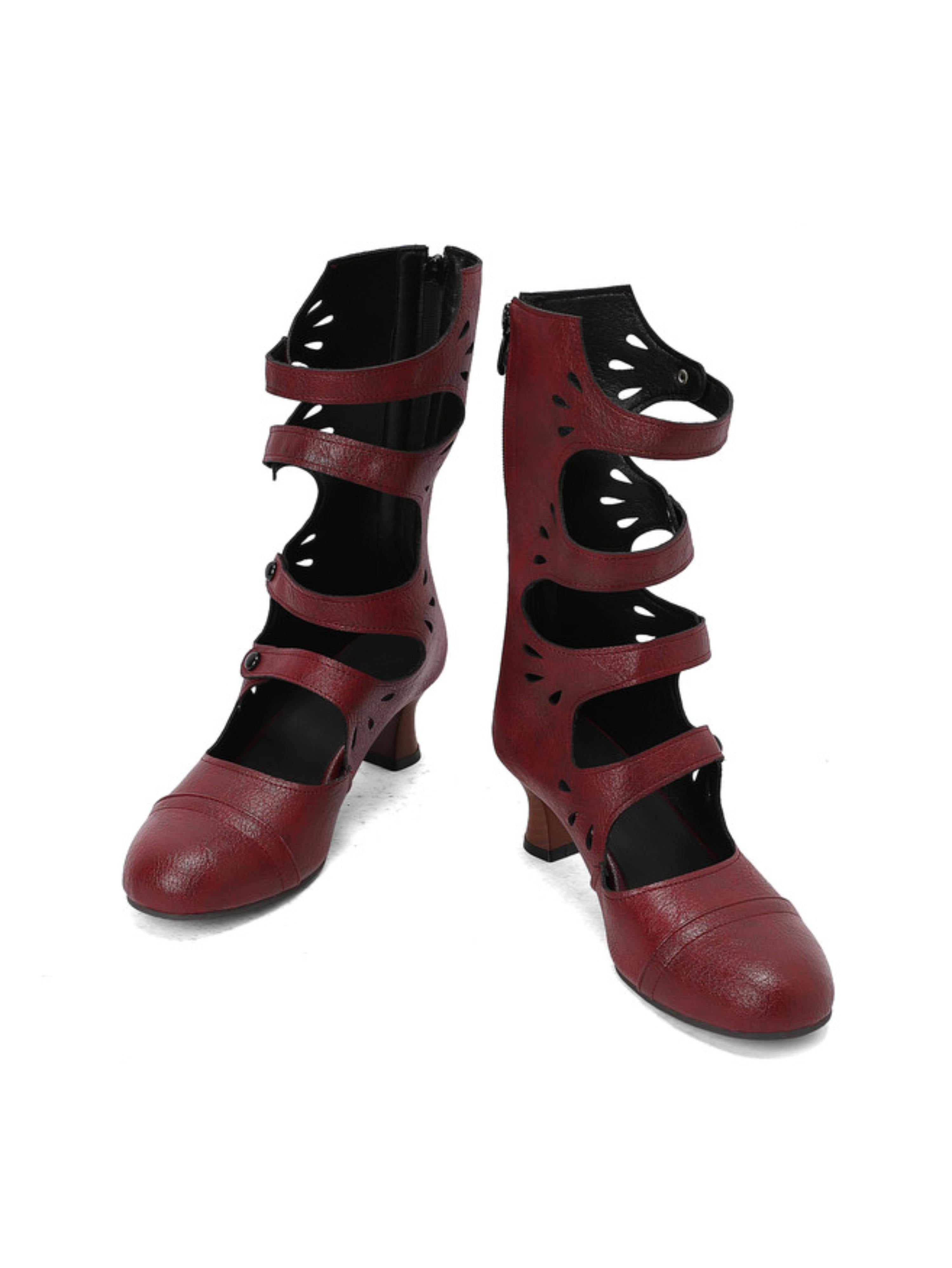 Vintage Burgundy Multi-Strap Women Boots with Buttons