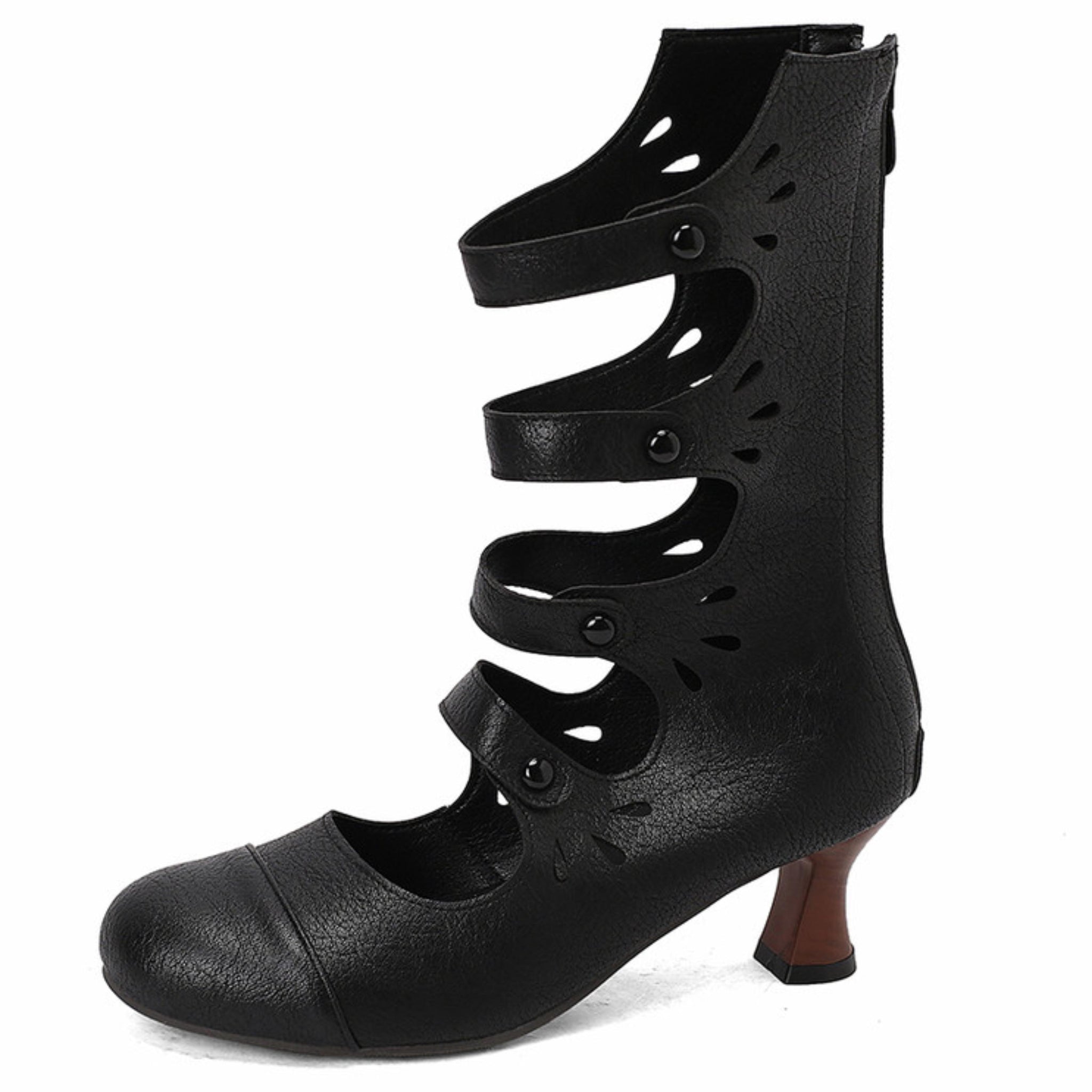 Retro Black Hollow-Out Flared Heel Mid Calf Boots for Women