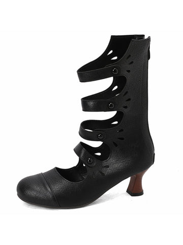Retro Black Hollow-Out Flared Heel Mid Calf Boots for Women