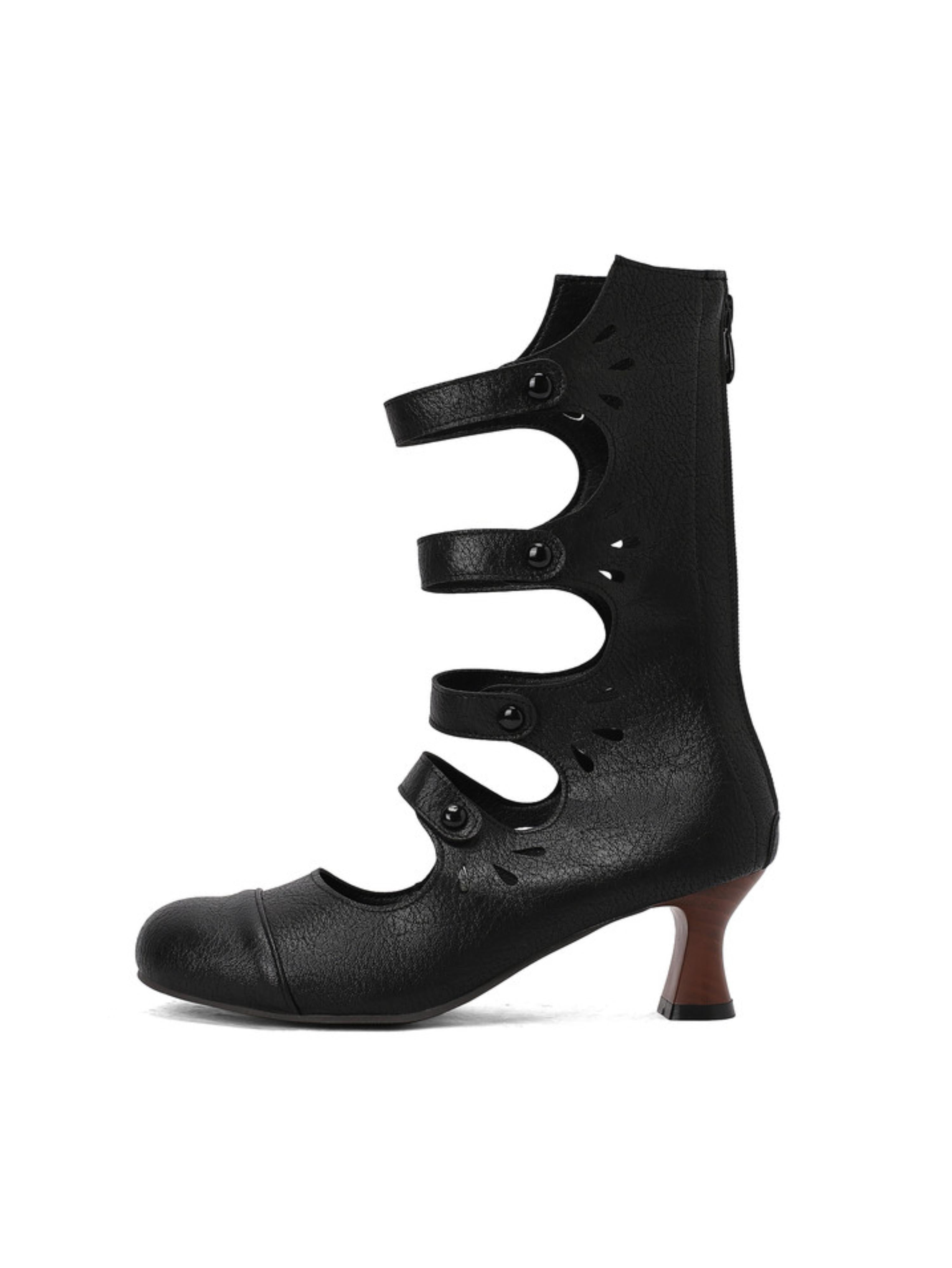 Retro Black Hollow-Out Flared Heel Mid Calf Boots for Women