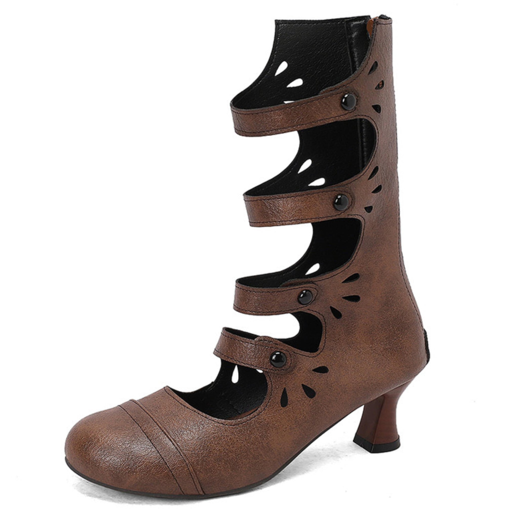 Dark Brown Multi Strap Mid Calf Women's Boots