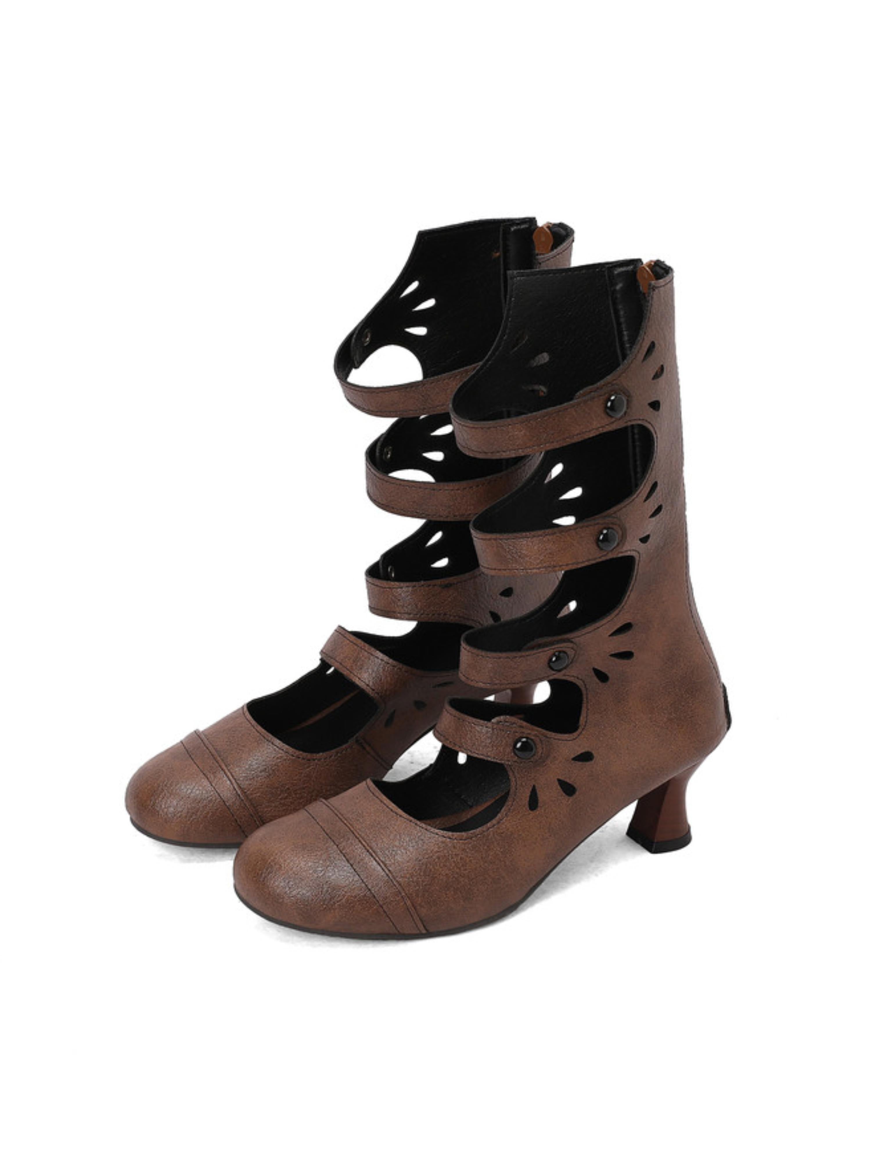 Dark Brown Multi Strap Mid Calf Women's Boots