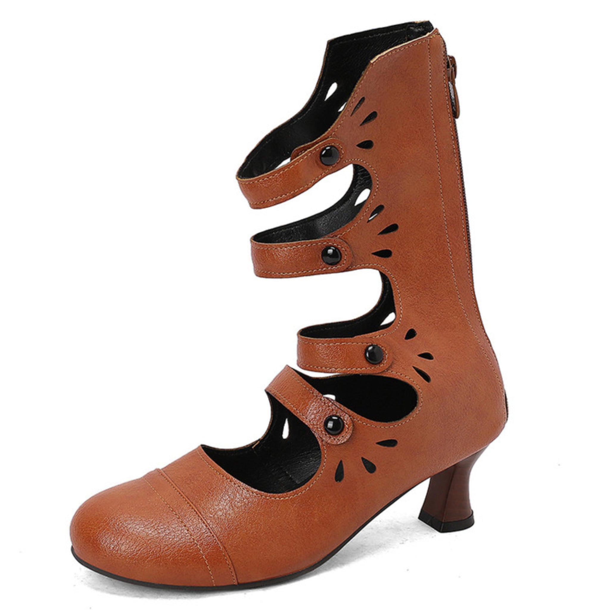 Mustard Brown Mid Heel Cut-Outs Short Boots for Women