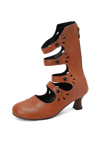 Mustard Brown Mid Heel Cut-Outs Short Boots for Women
