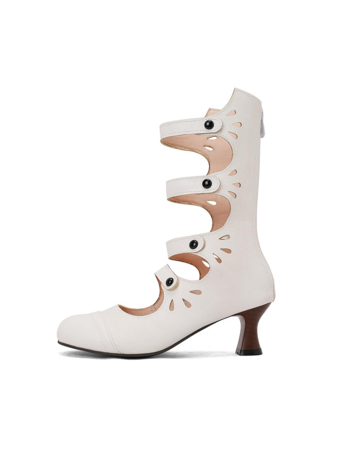 White Mid Heel Button Strappy Victorian Boots with Back Zipper