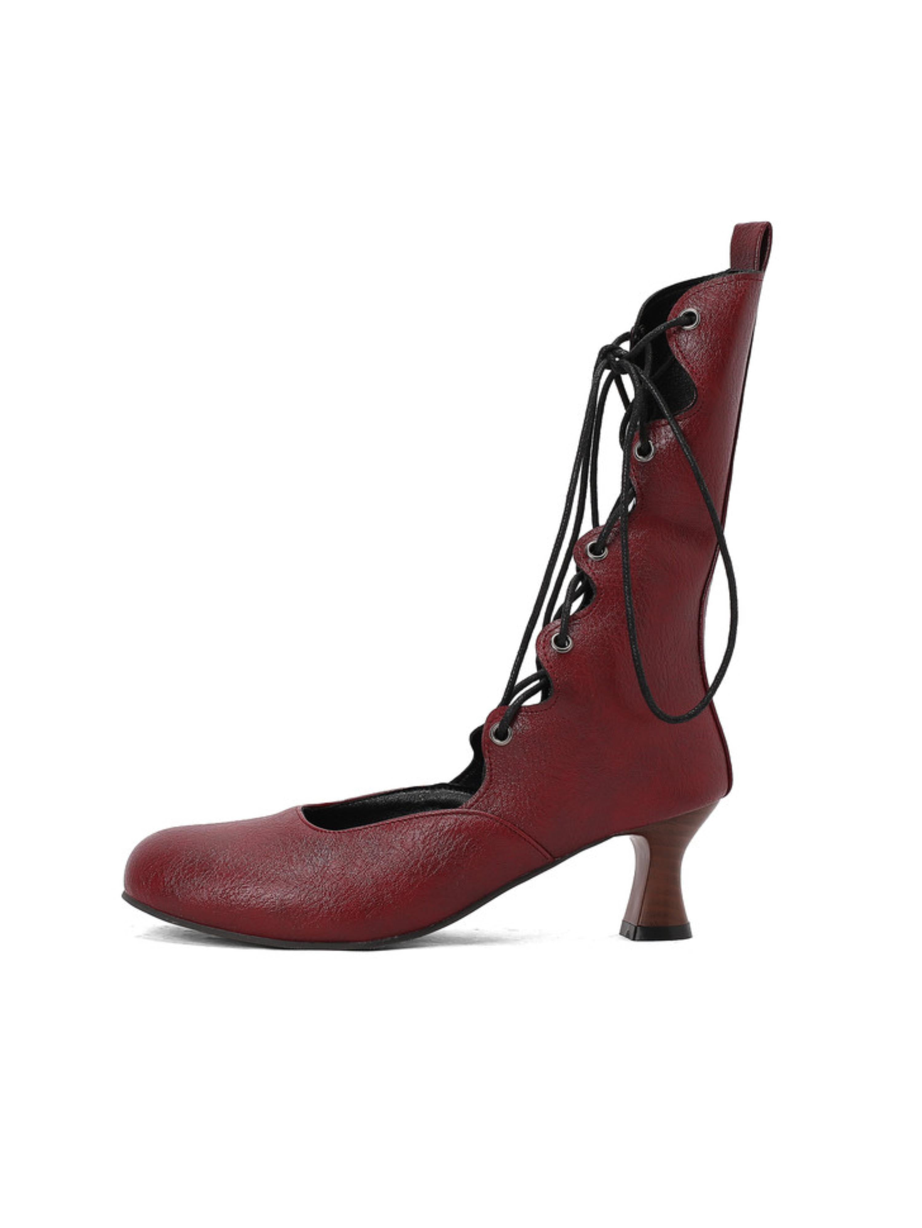 Burgundy Lace-Up Mid-Calf Vintage Heeled Boots
