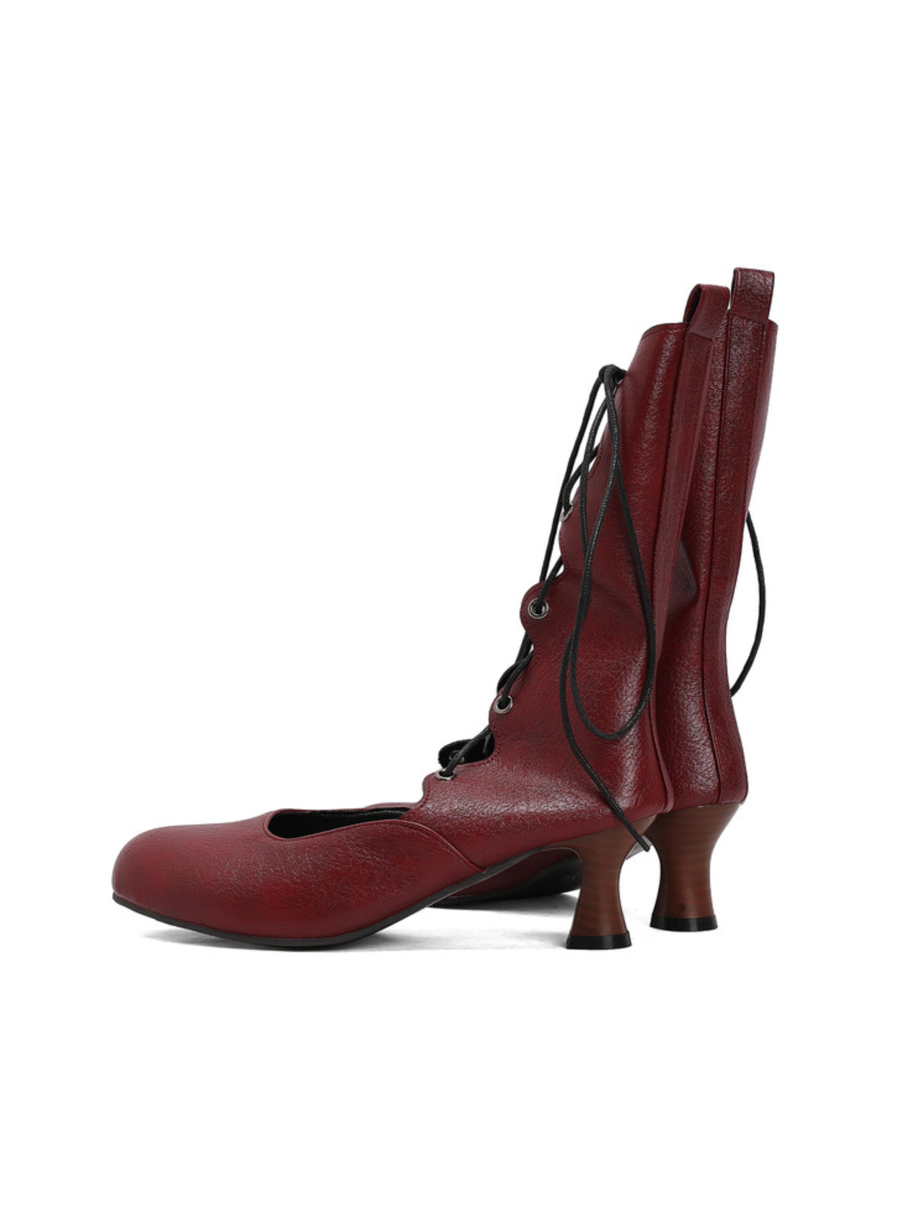 Burgundy Lace-Up Mid-Calf Vintage Heeled Boots