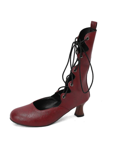 Burgundy Lace-Up Mid-Calf Vintage Heeled Boots