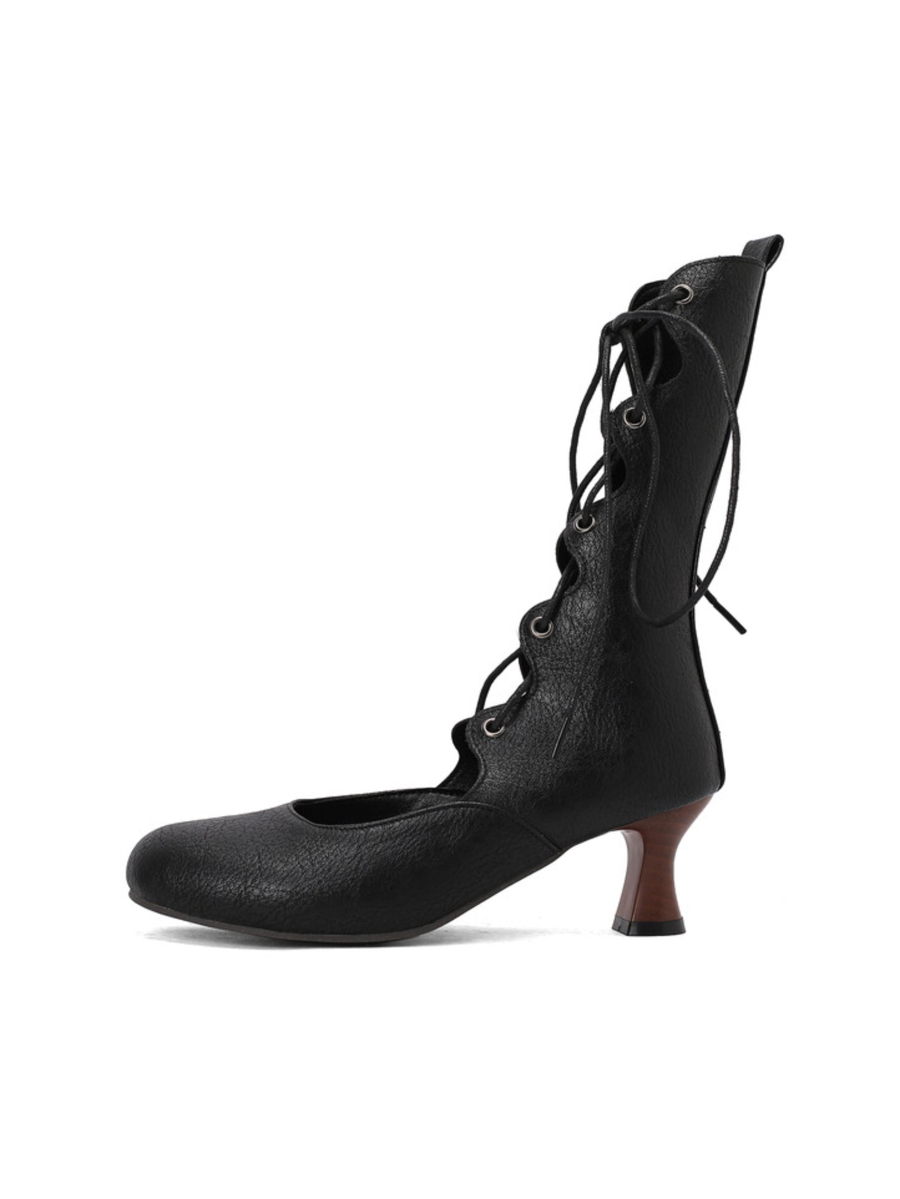 Vintage Mid-Calf Heeled Black Lace-Up Boots