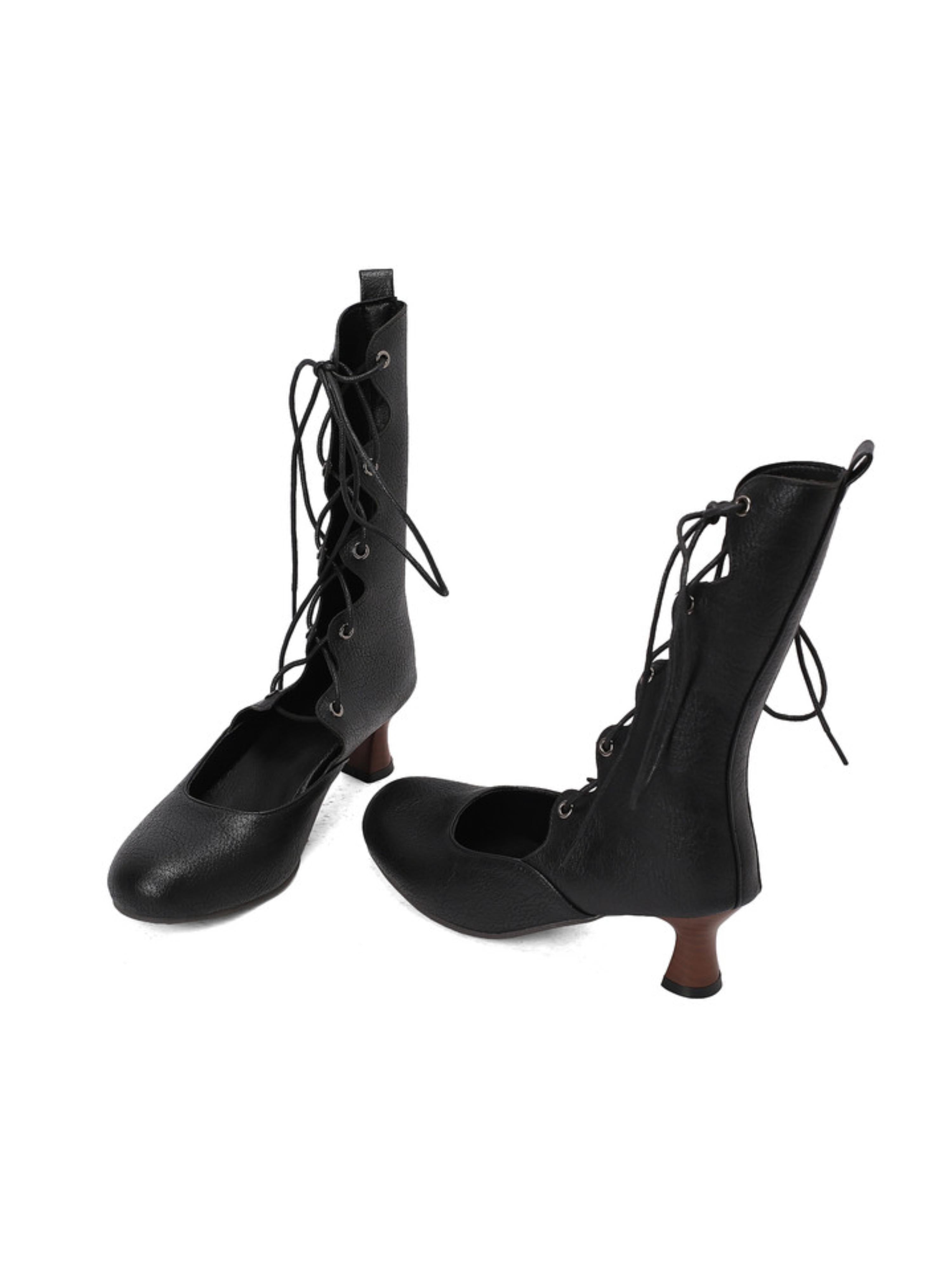 Vintage Mid-Calf Heeled Black Lace-Up Boots
