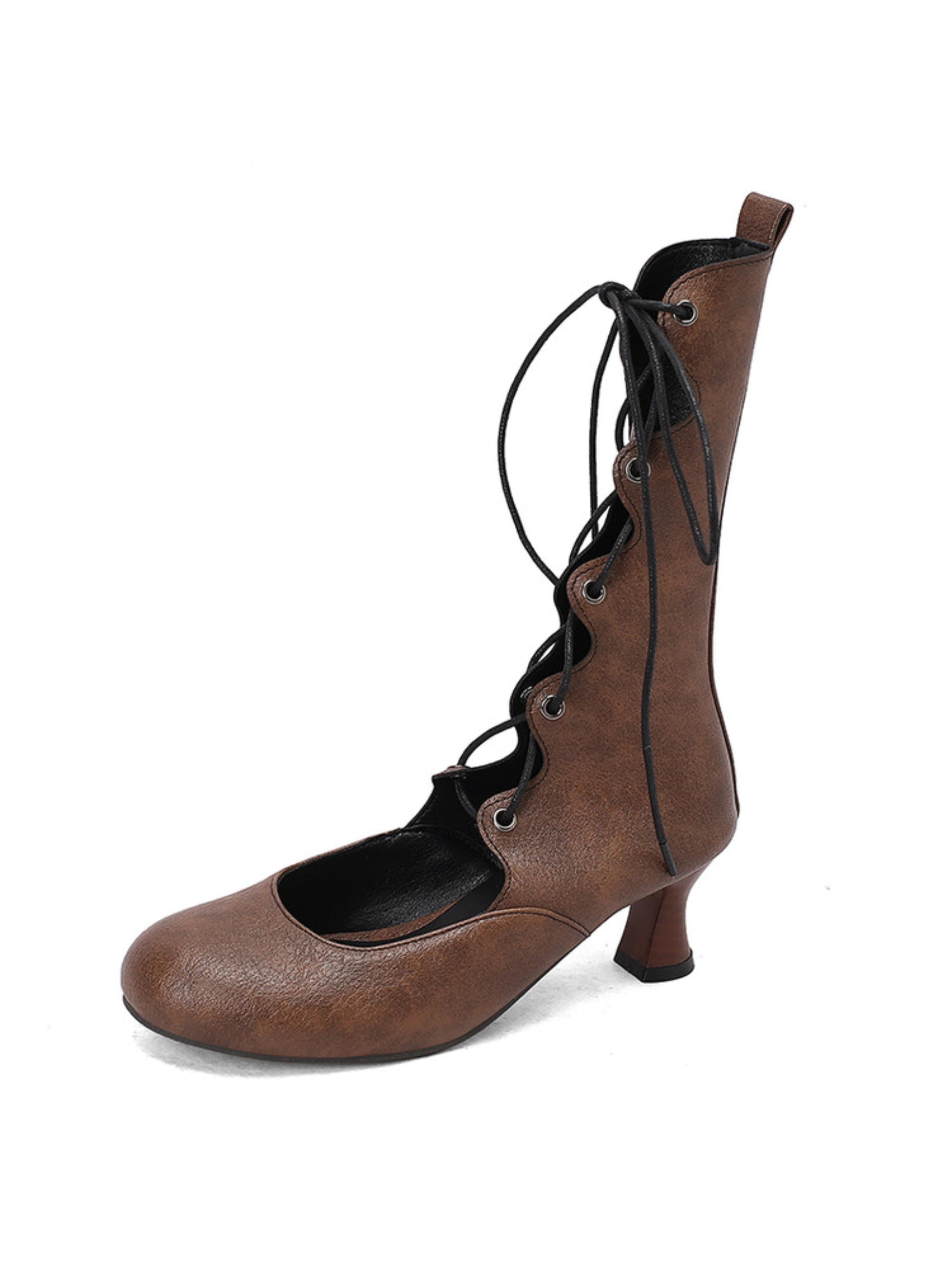 Retro Dark Brown Mid-Calf Heeled Lace-Up Boots