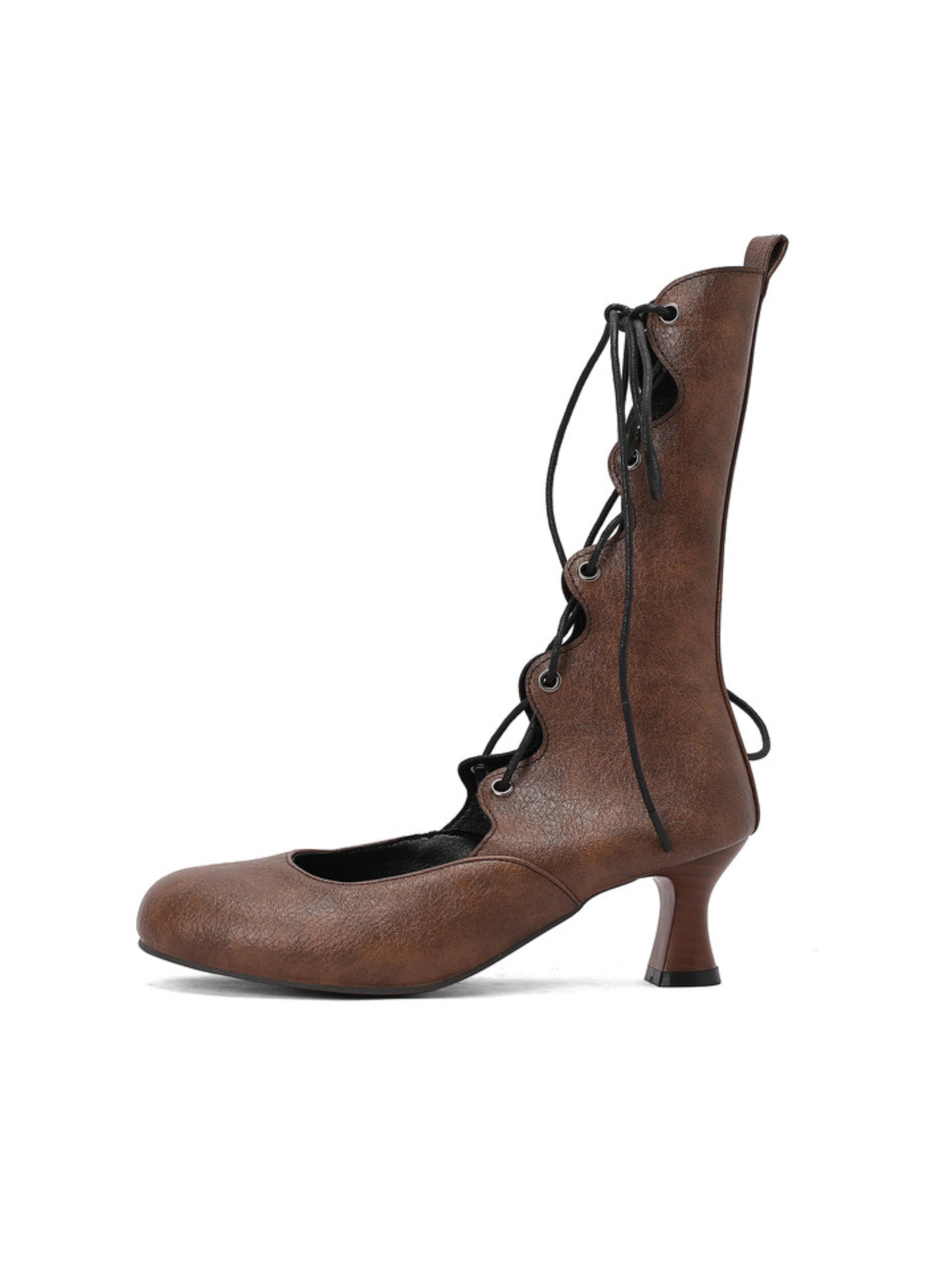 Retro Dark Brown Mid-Calf Heeled Lace-Up Boots