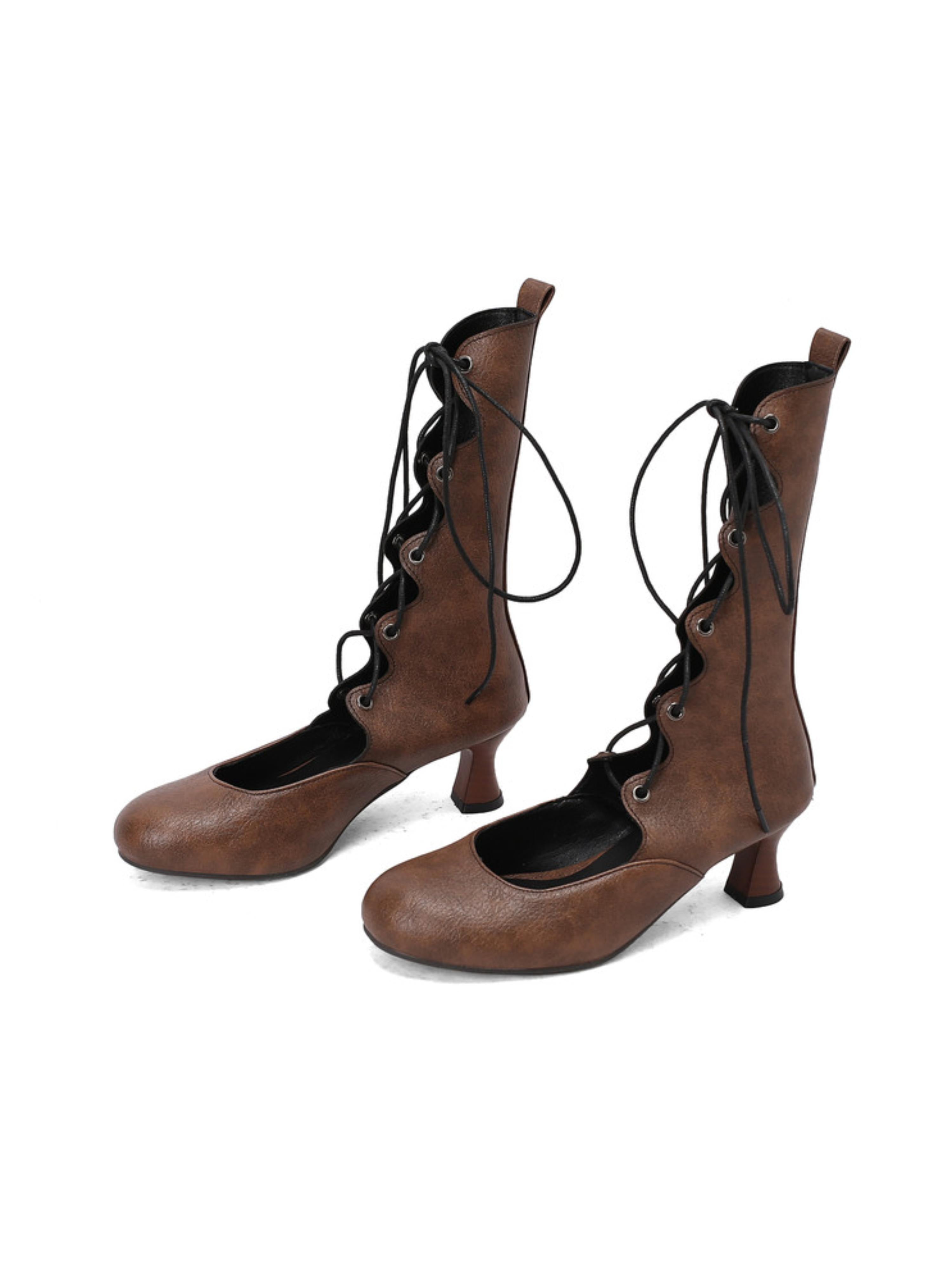 Retro Dark Brown Mid-Calf Heeled Lace-Up Boots
