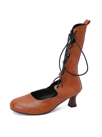 Brown Lace-Up Vintage Mid-Calf Heeled Boots