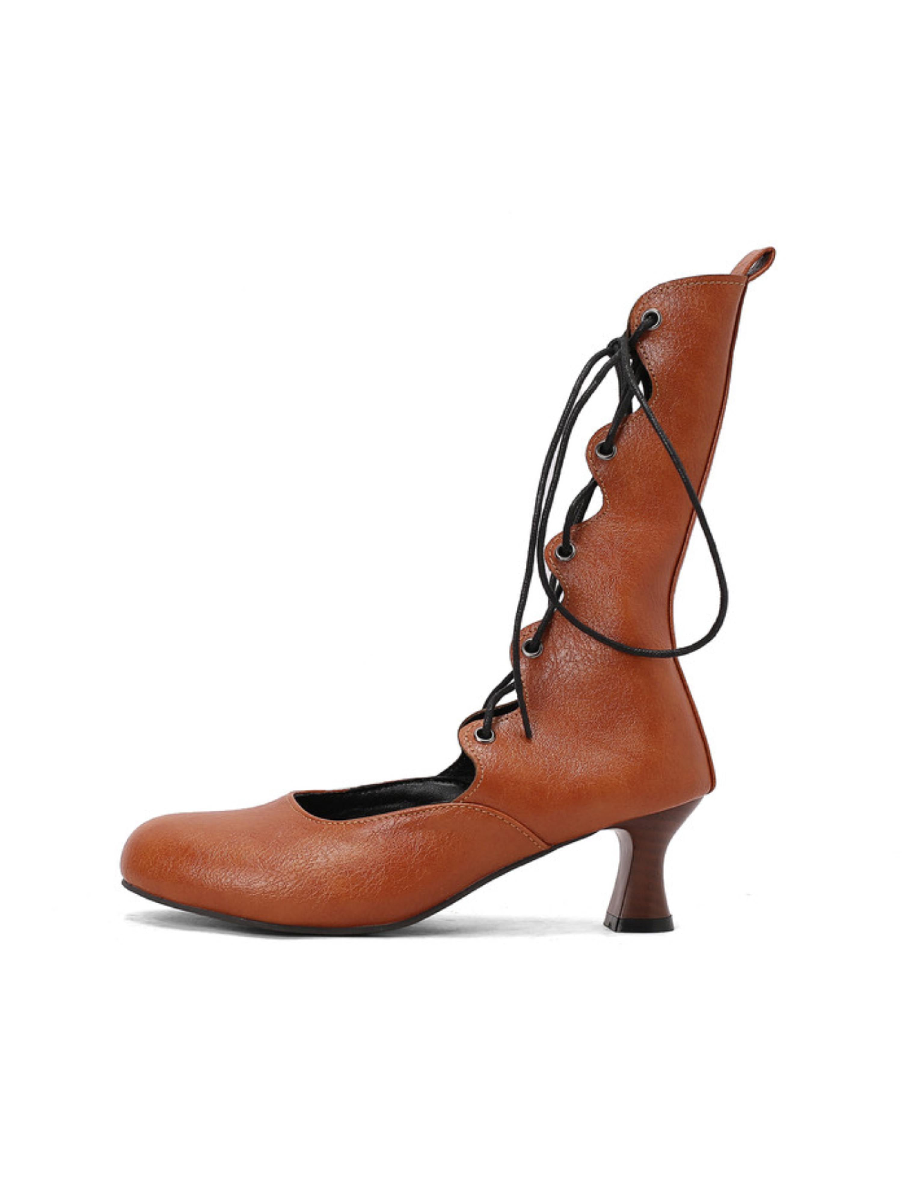 Brown Lace-Up Vintage Mid-Calf Heeled Boots