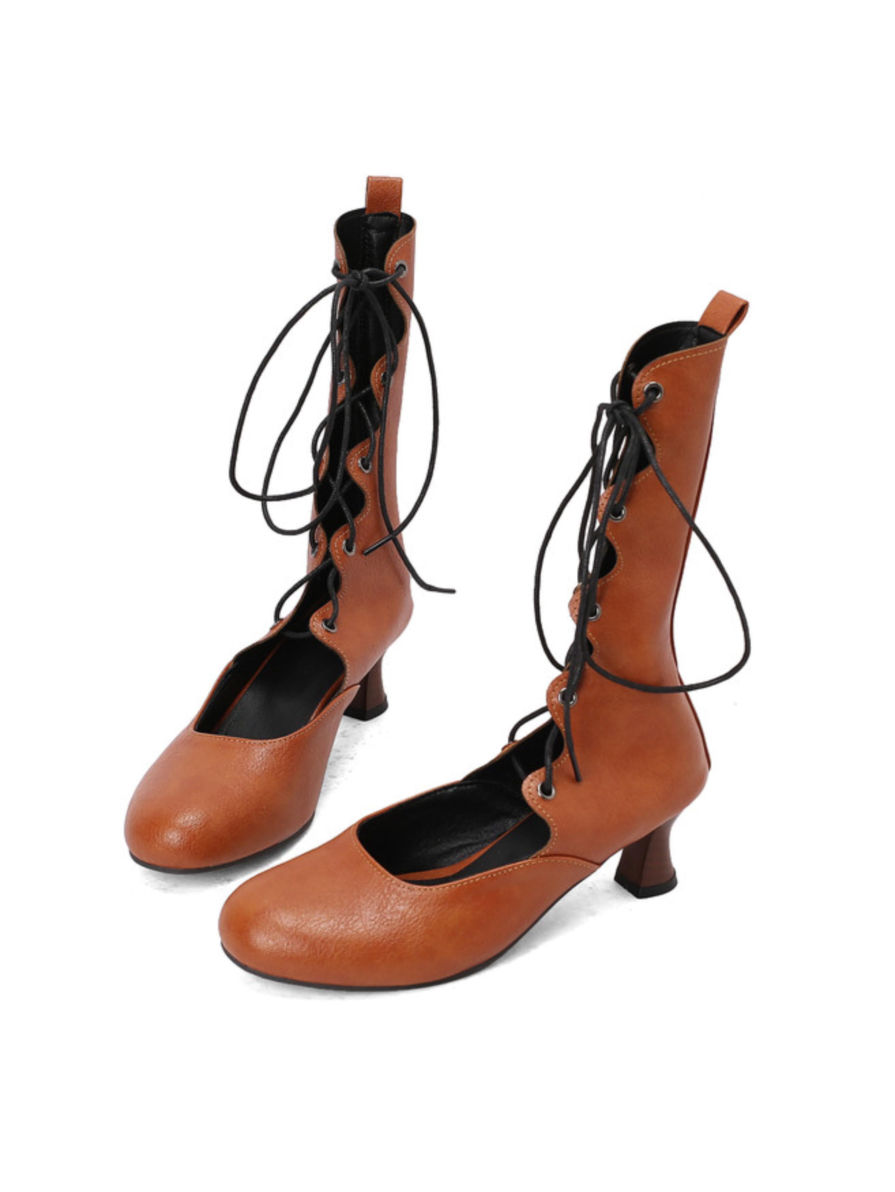 Brown Lace-Up Vintage Mid-Calf Heeled Boots
