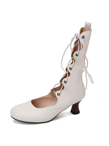 White Lace-Up Mid-Calf Hollow-Out Heeled Boots