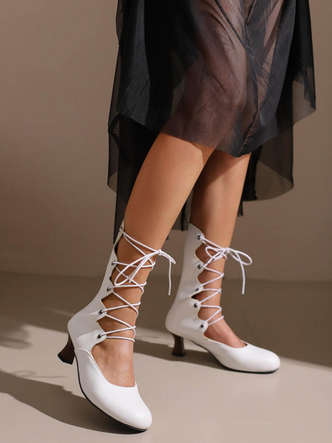 White Lace-Up Mid-Calf Hollow-Out Heeled Boots