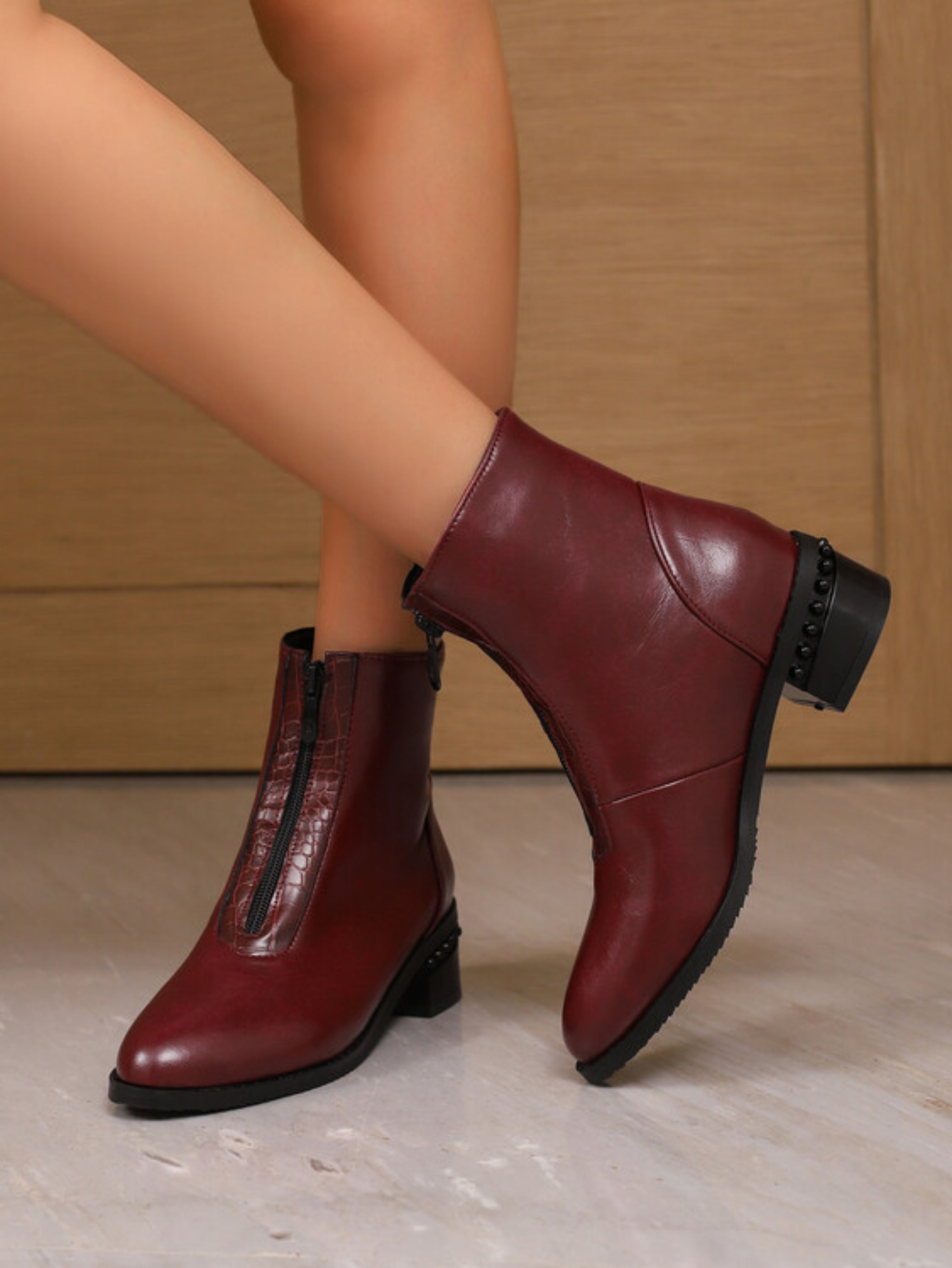 Elegant Almond Toe Burgundy Ankle Boots Women