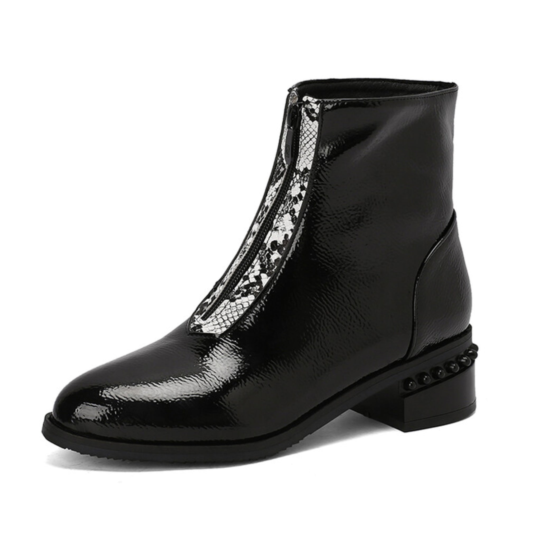 Black Front Zipper Ankle Boots with Block Heels