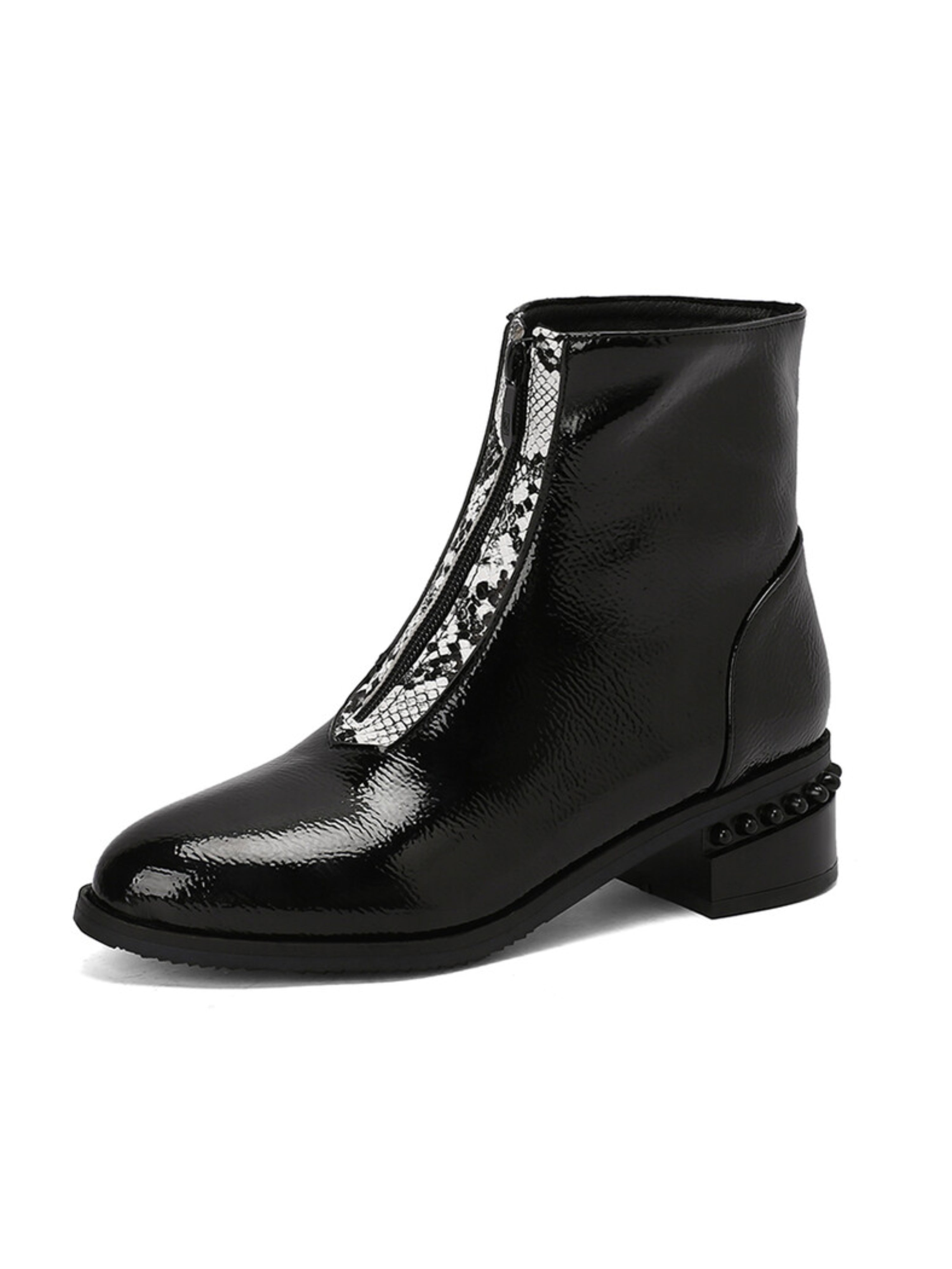 Black Front Zipper Ankle Boots with Block Heels