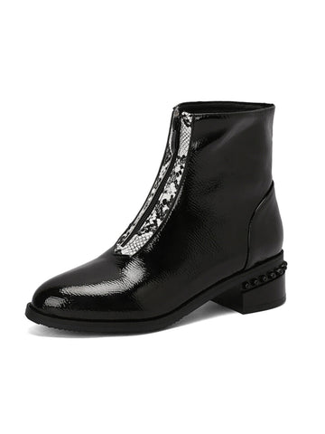 Black Front Zipper Ankle Boots with Block Heels