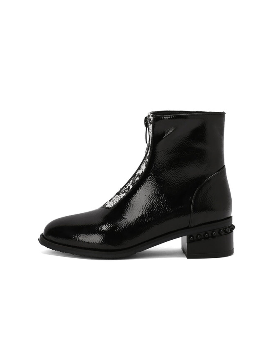 Black Front Zipper Ankle Boots with Block Heels