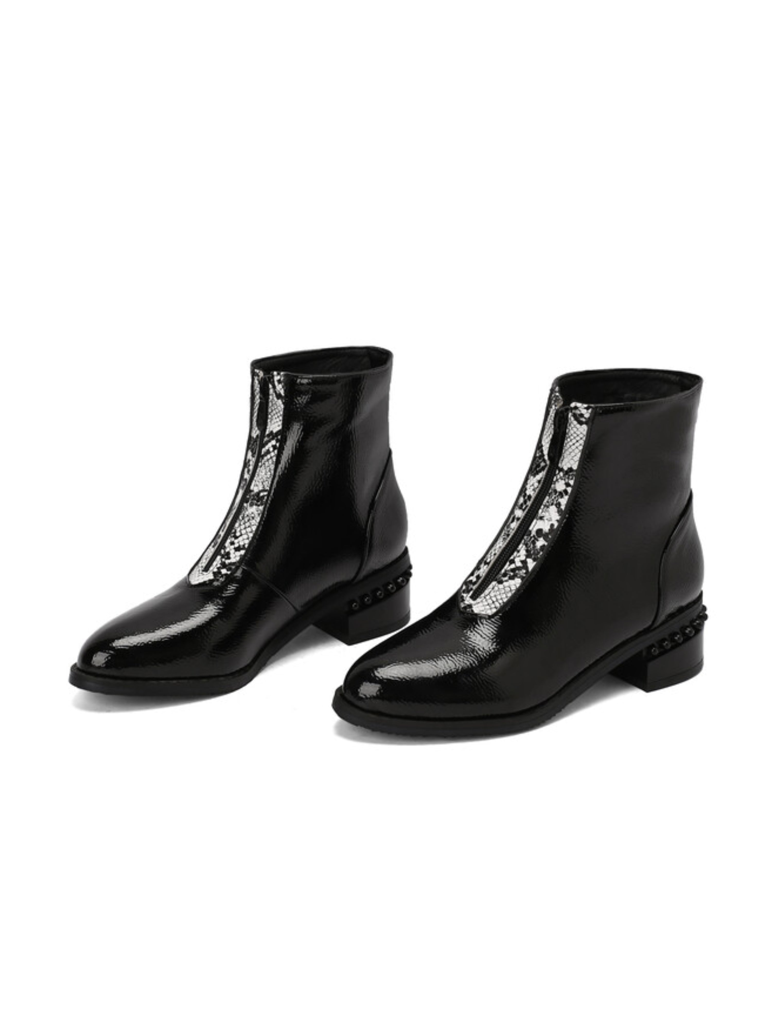 Black Front Zipper Ankle Boots with Block Heels