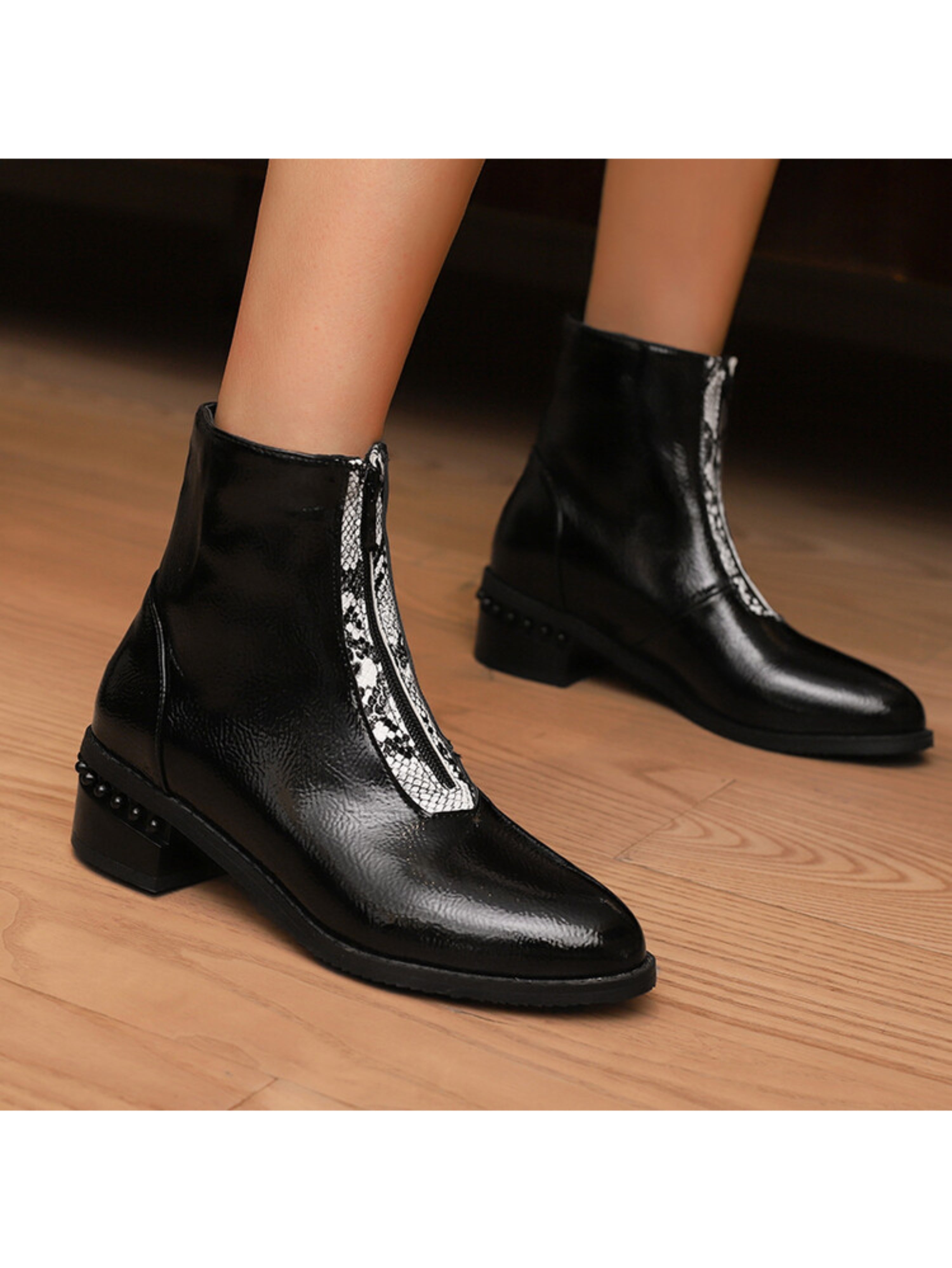 Black Front Zipper Ankle Boots with Block Heels