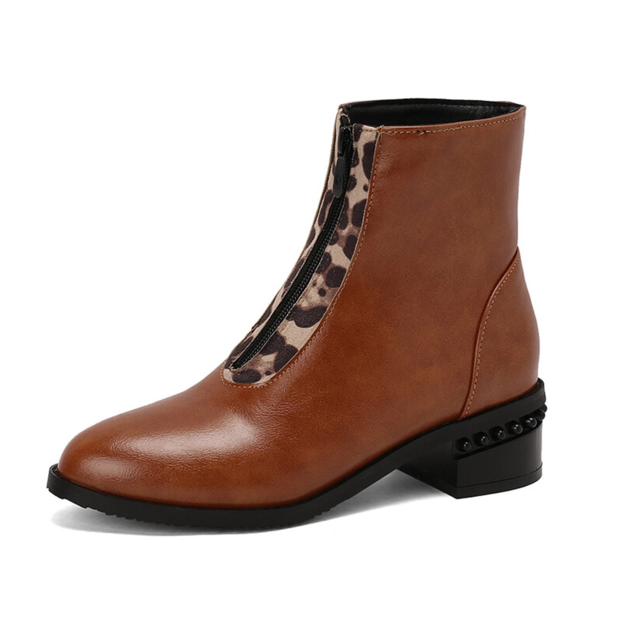 Brown Block Low Heel Ankle Boots for Women