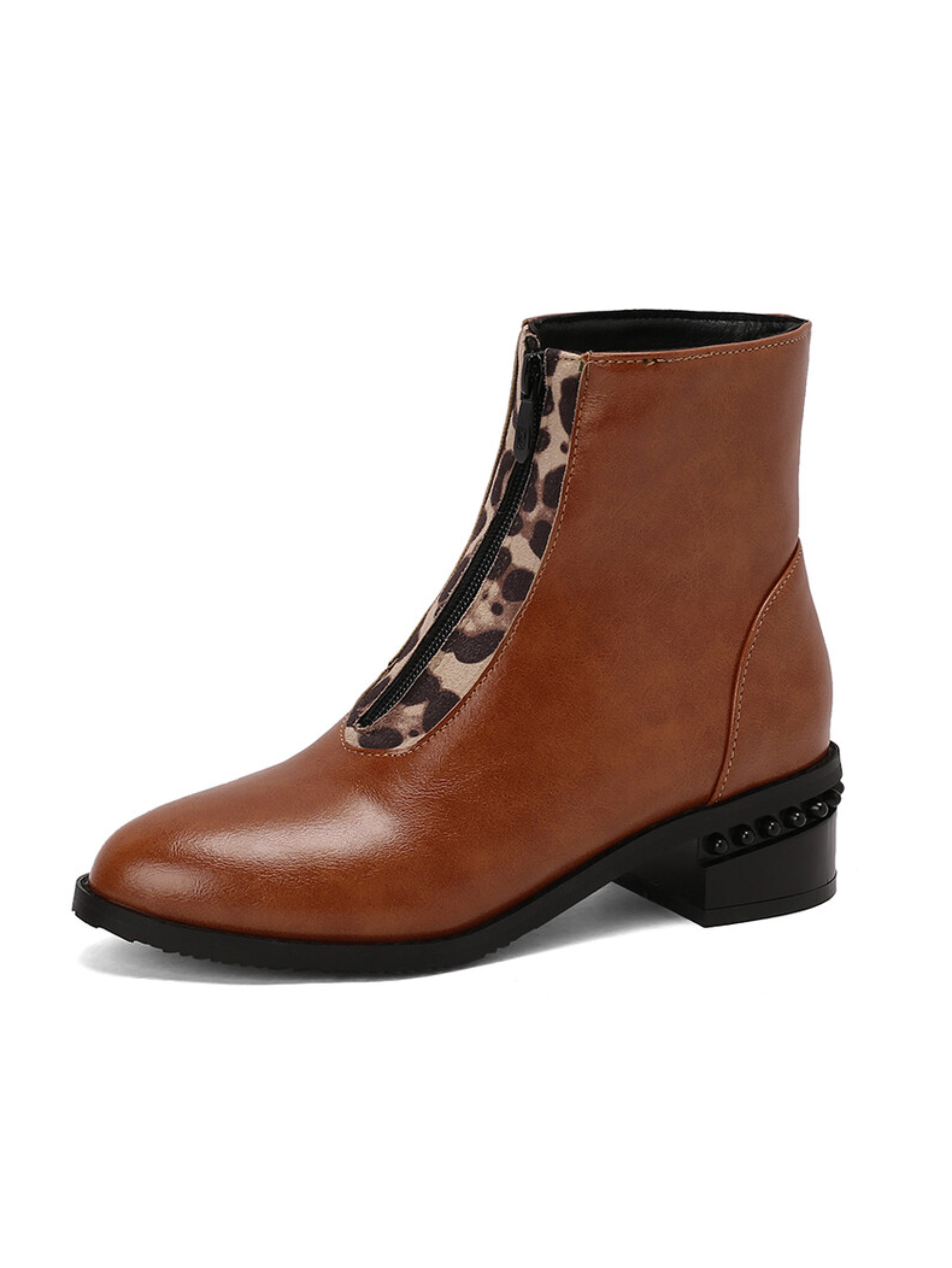 Brown Block Low Heel Ankle Boots for Women