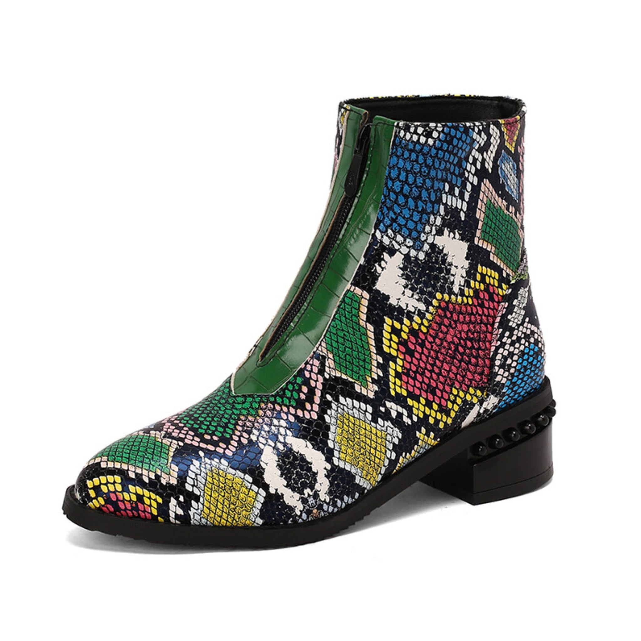 Multicolor Python Print Low Heel Ankle Boots for Women