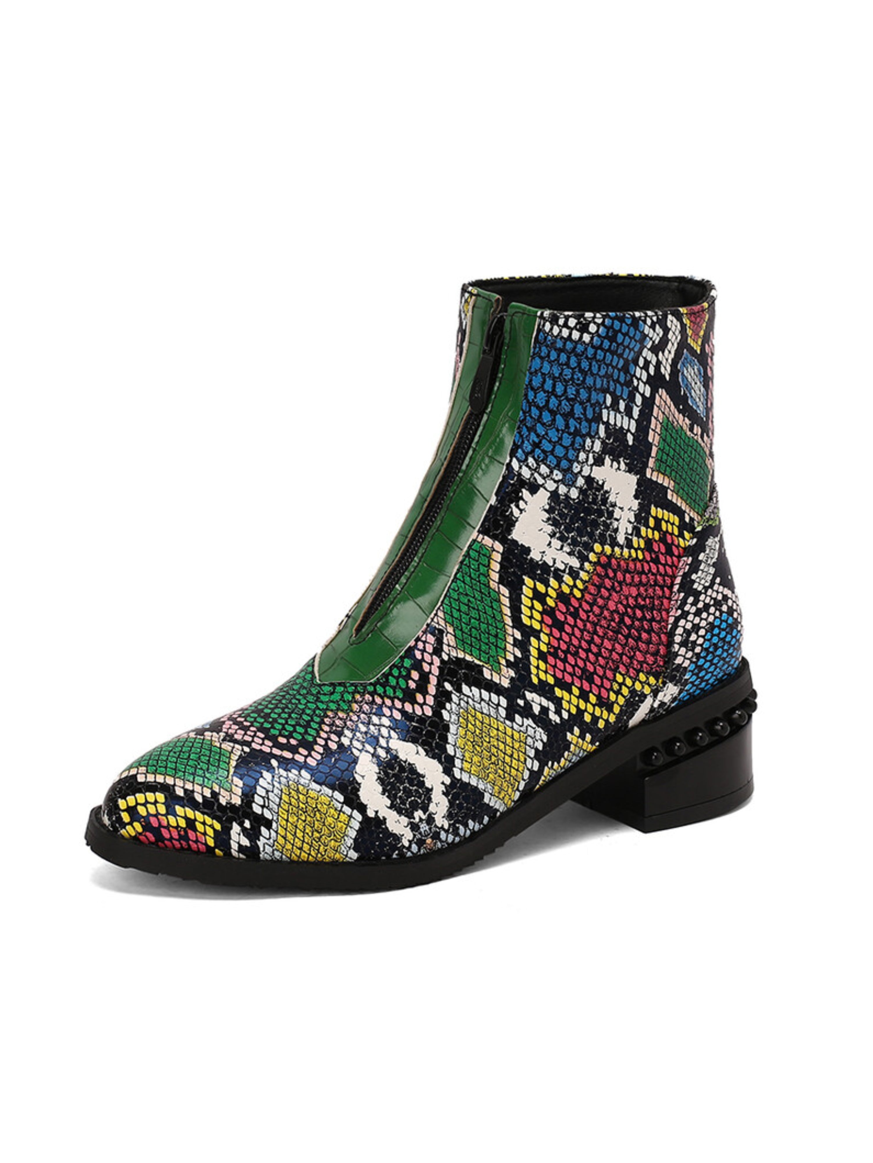 Multicolor Python Print Low Heel Ankle Boots for Women