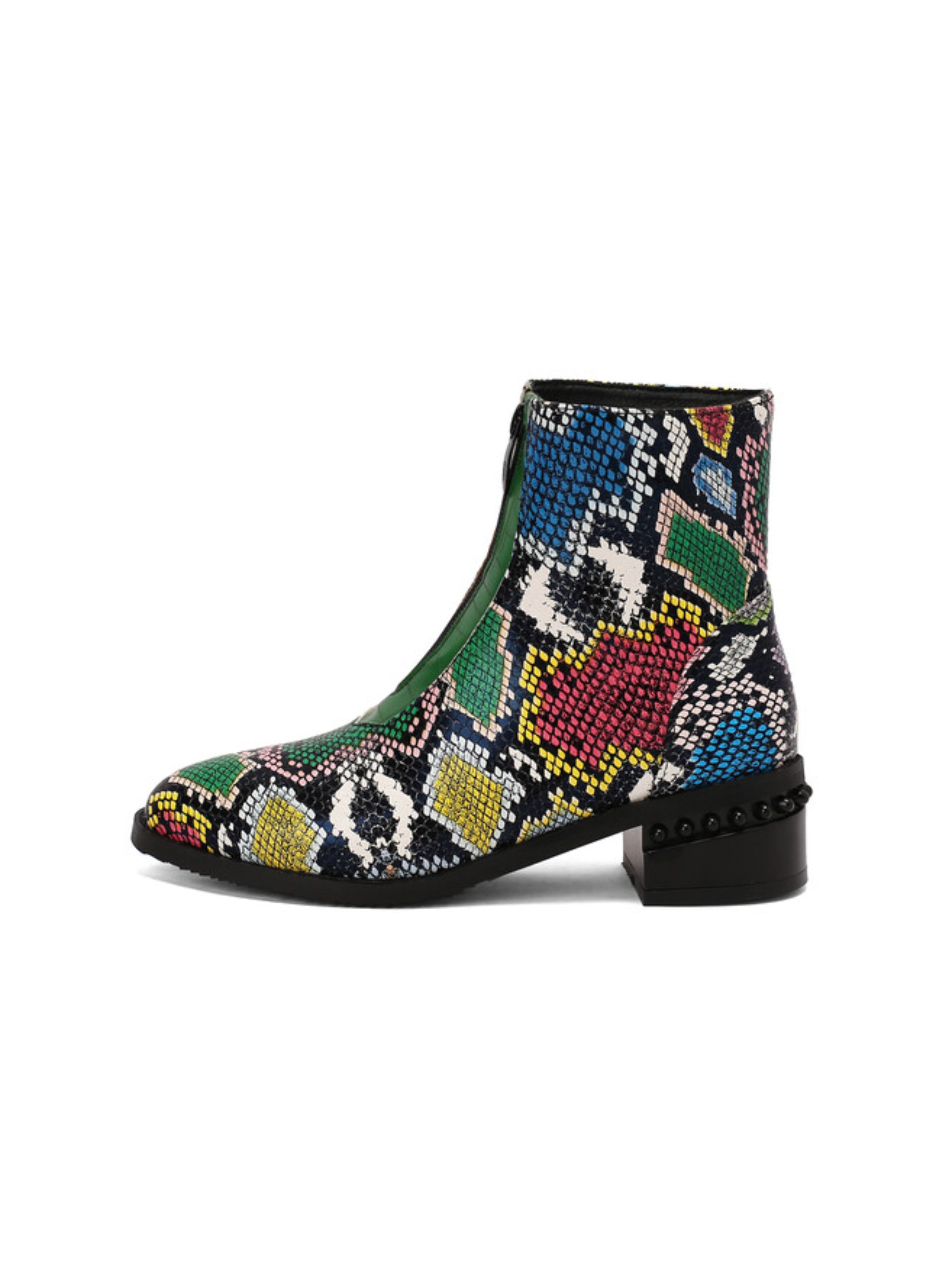 Multicolor Python Print Low Heel Ankle Boots for Women