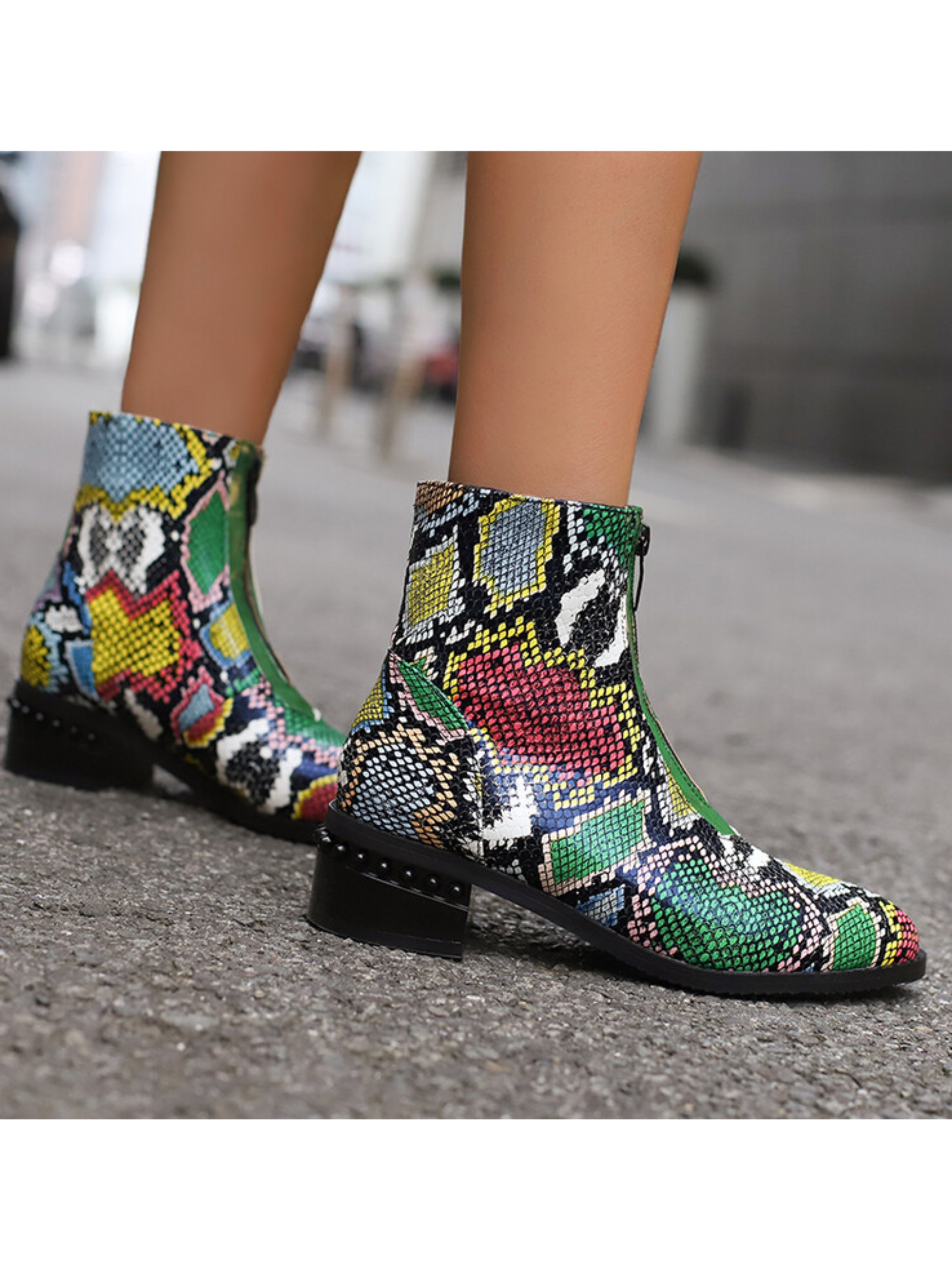 Multicolor Python Print Low Heel Ankle Boots for Women
