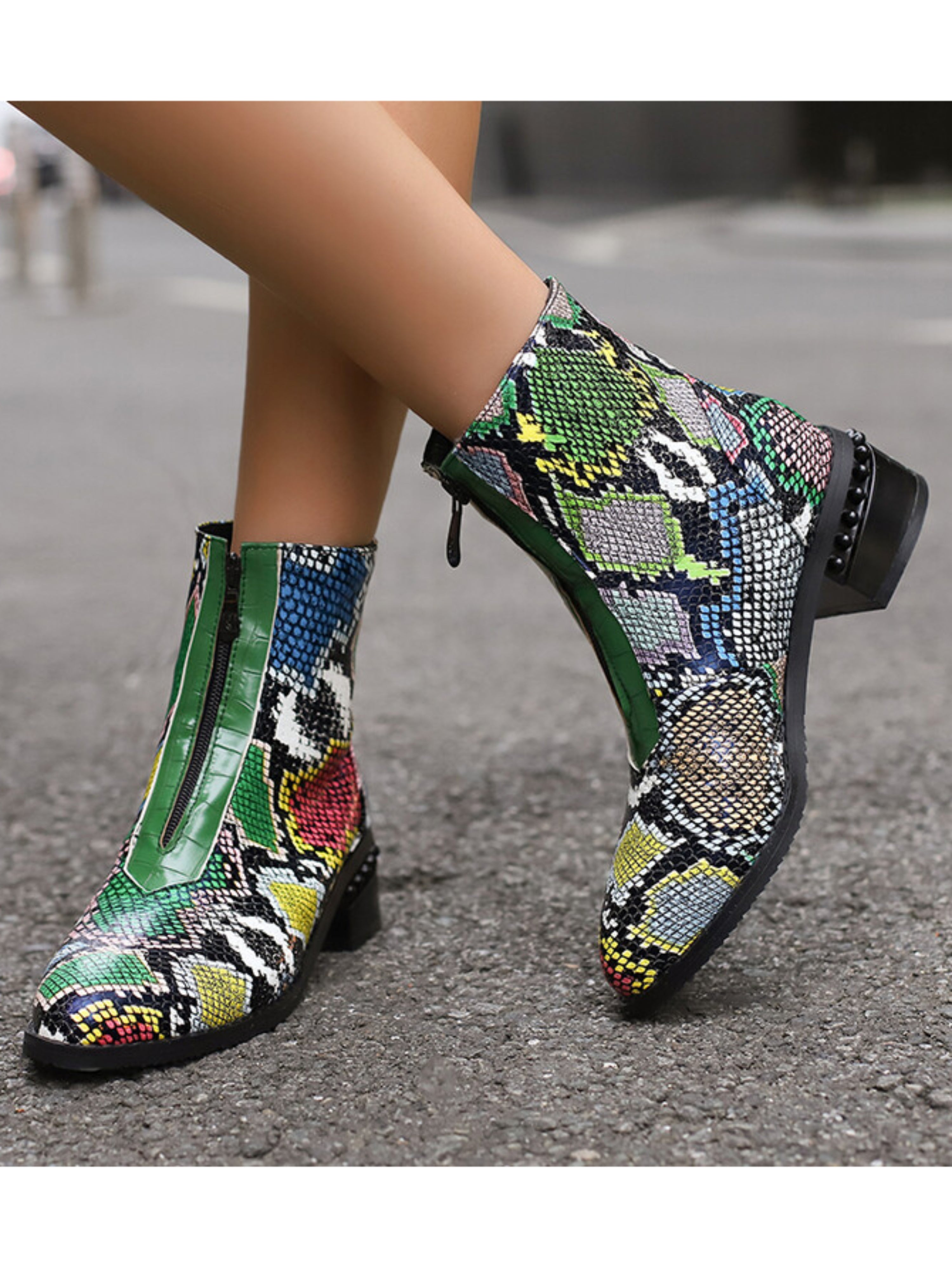 Multicolor Python Print Low Heel Ankle Boots for Women