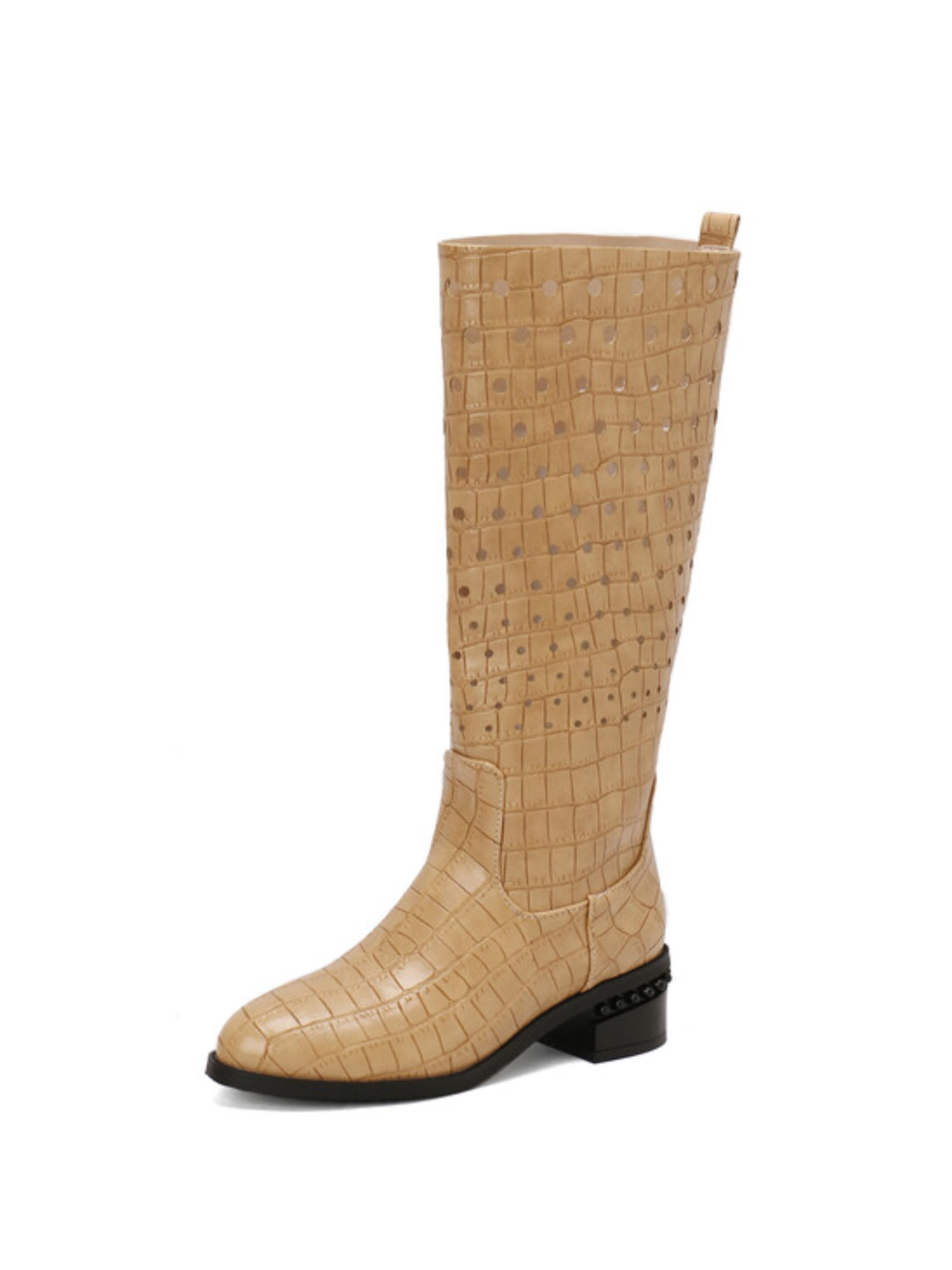 Beige Low Heel Hollow-Out Embossed Long Boots