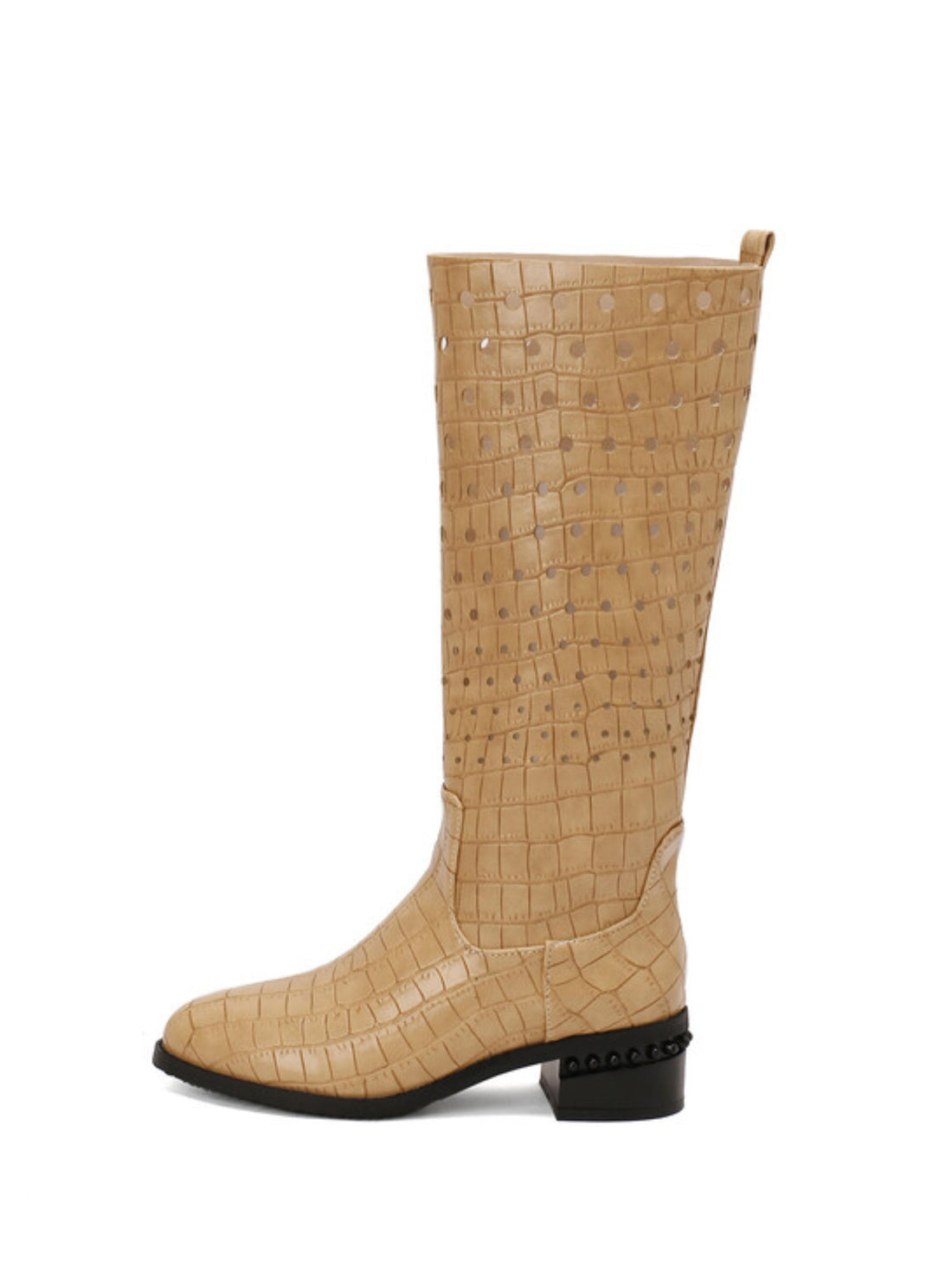Beige Low Heel Hollow-Out Embossed Long Boots